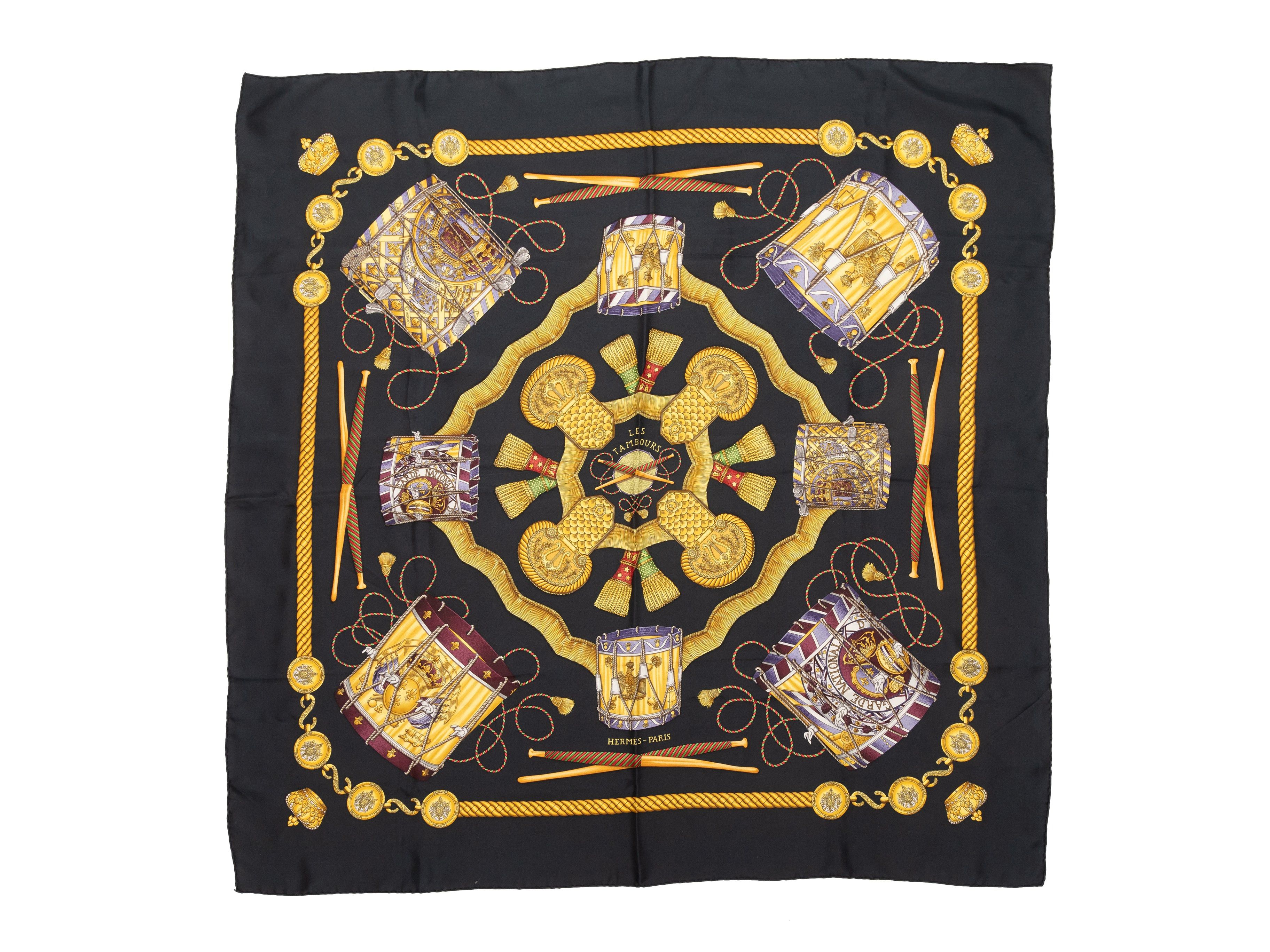 Black & Multicolor Les Tambours Printed Silk Scarf