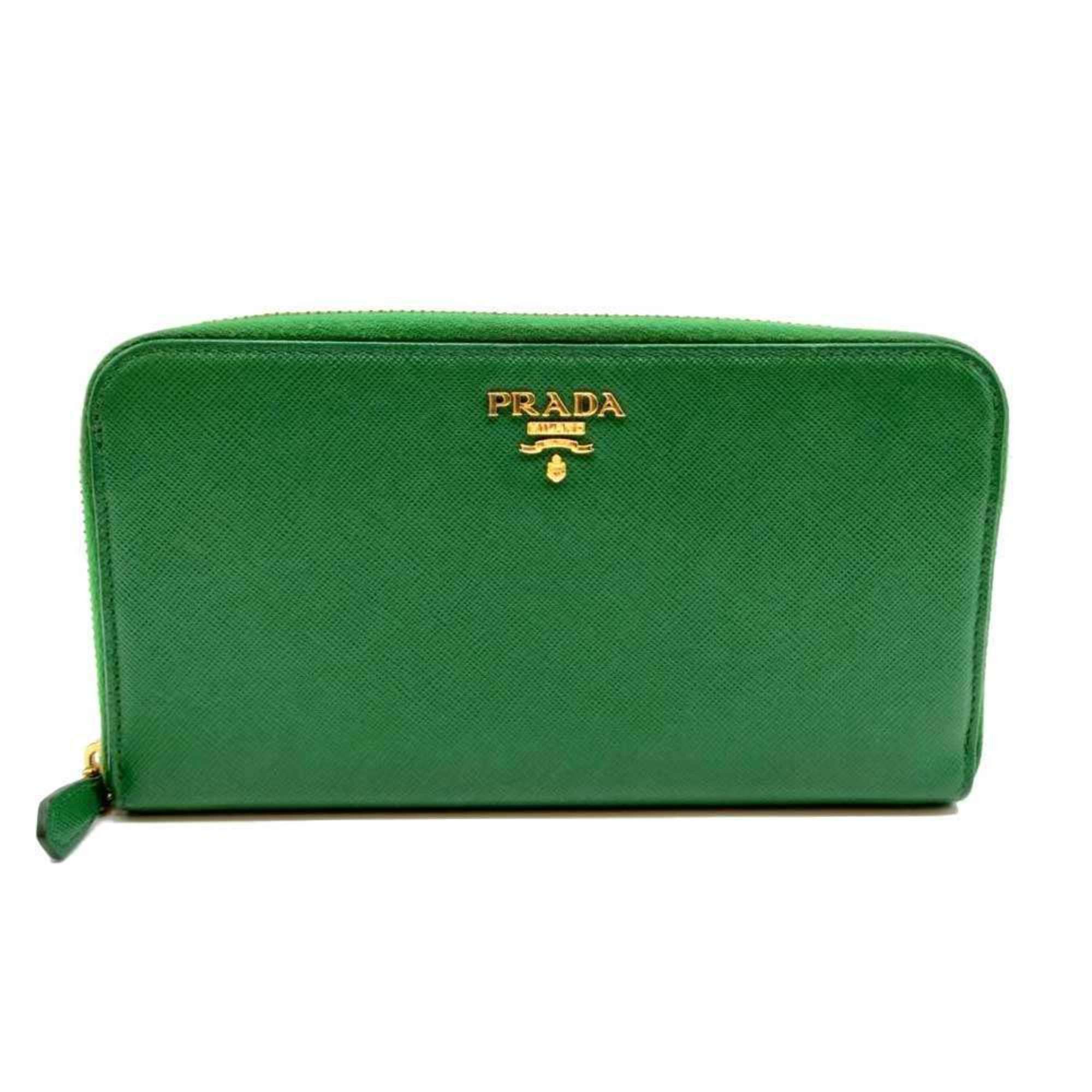 Prada round long wallet in green Saffiano leather