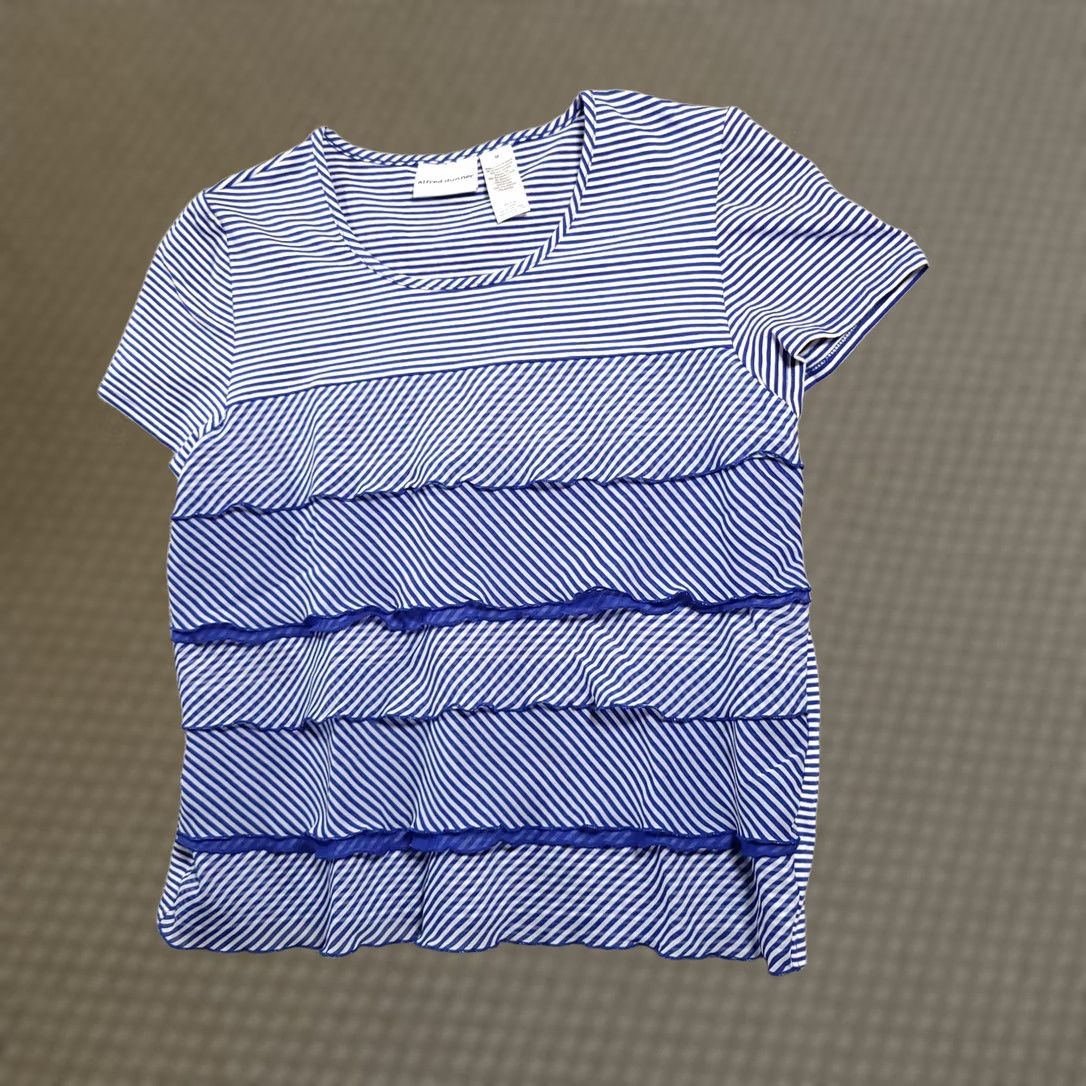 Vintage VINTAGE Alfred Dunner Womens Blue Shirt Striped Short Sleeve Stretch Scoop Neck Ruffled Size M / US 6-8 / IT 42-44 - 1 Thumbnail