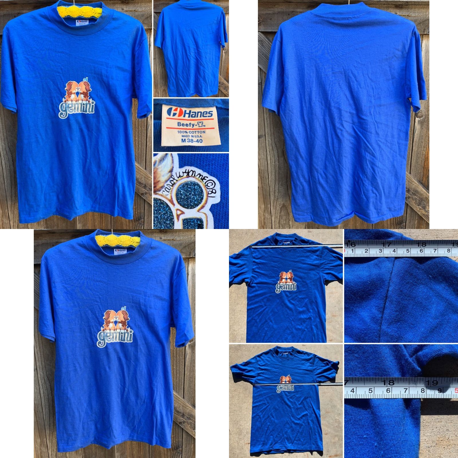 Hanes VINTAGE Hanes Gemini T-Shirt 1980s Iron On Transfer Made In USA M Navy Blue 100% Cotton Mens Sportswear/Beach Shirt Size US M / EU 48-50 / 2 - 8 Thumbnail