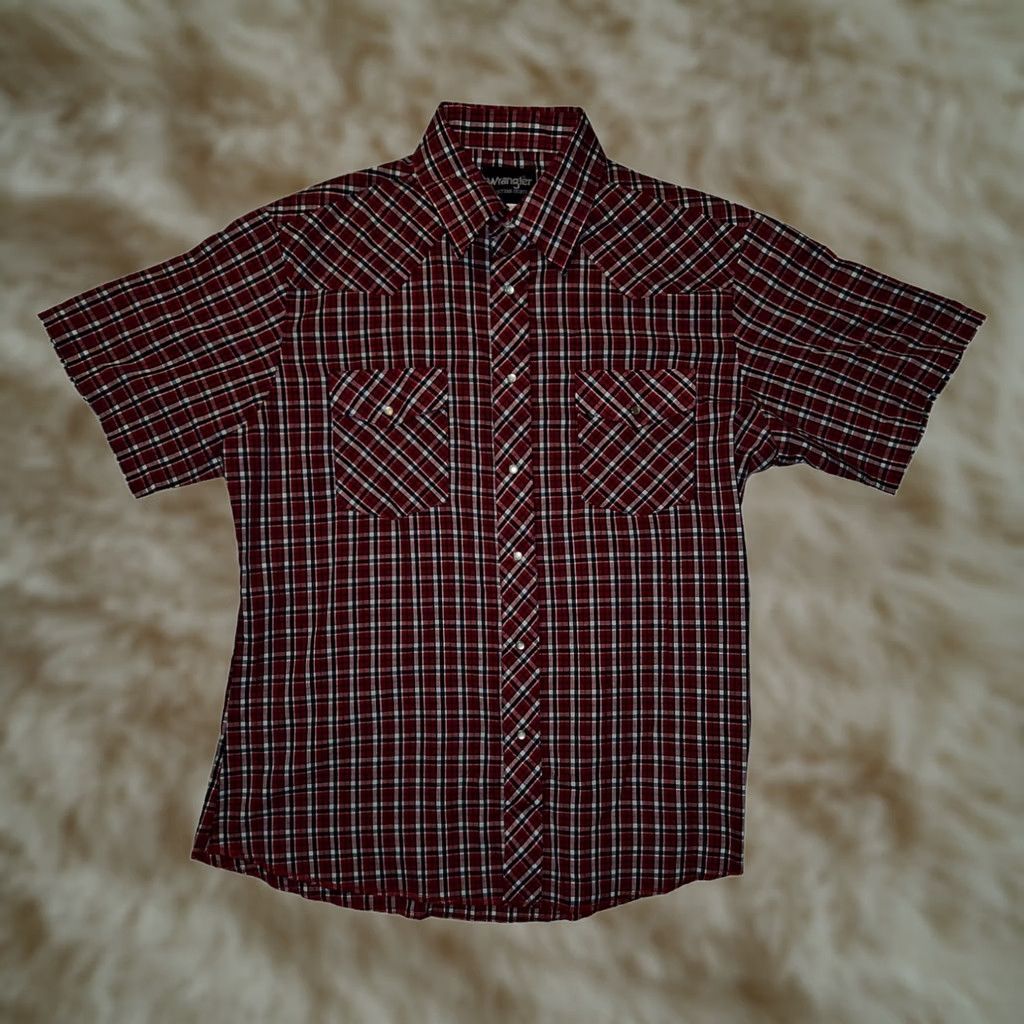 Wrangler Wrangler Shirt Men's L Red Plaid Pearl Snap Cowboy Western Short Sleeve Cotton Polyester Pocketed Casual Regular Fit Size US L / EU 52-54 / 3 - 1 Thumbnail