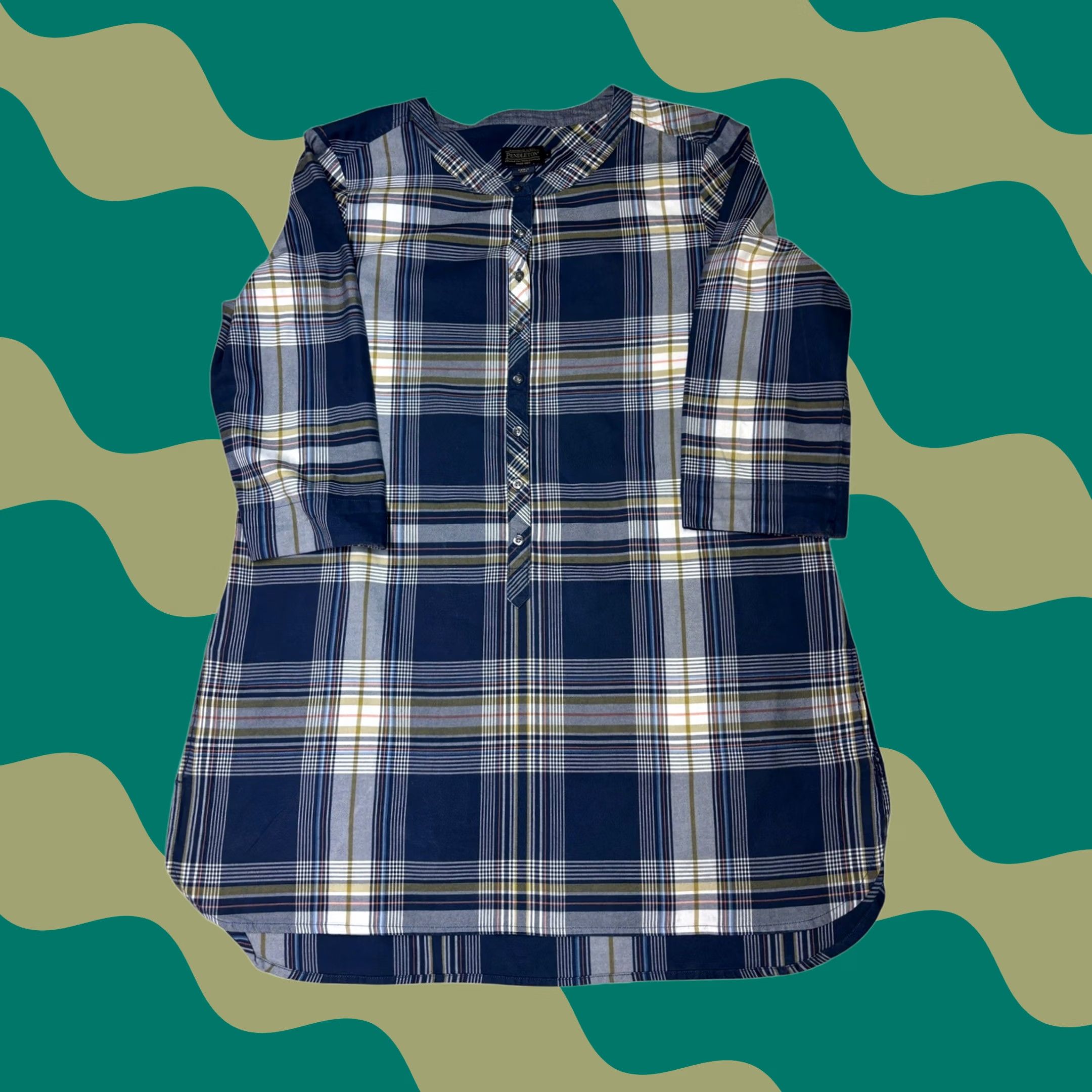 Pendleton Pendleton Tunic Blouse 3/4 Sleeve Plaid Blue White Olive Green Large Women’s Top Shirt Size L / US 10 / IT 46 - 1 Thumbnail