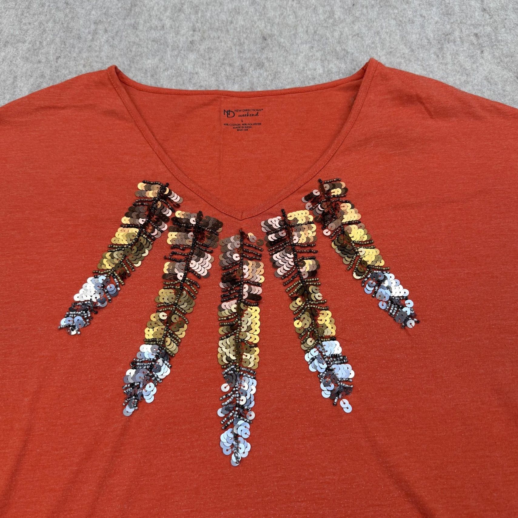 Vintage New Directions Weekend Shirt Womens Large Orange Sequin V-Neck Dolman Knit Top Size L / US 10 / IT 46 - 3 Thumbnail