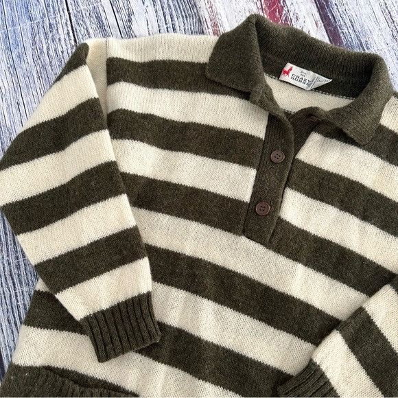 Vintage Vintage 100% Wool Olive Green Striped Collared Sweater with Size L / US 10 / IT 46 - 3 Thumbnail