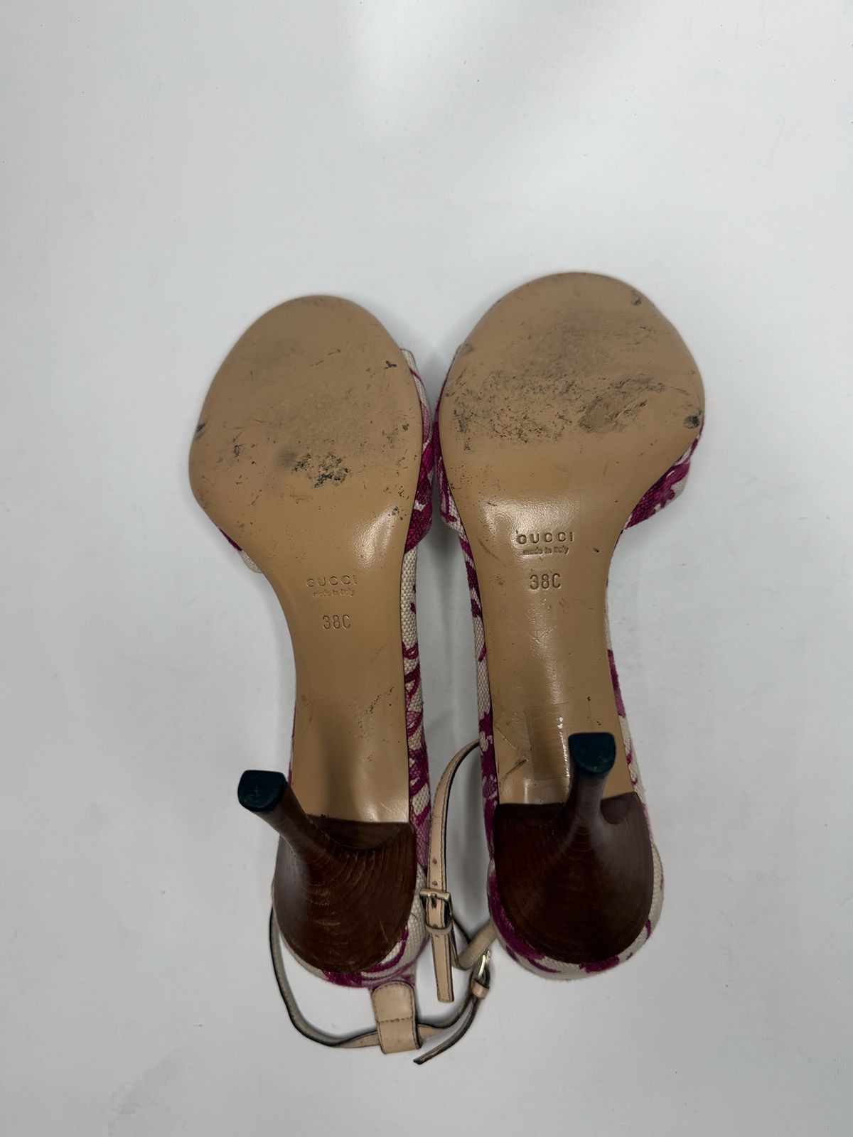 Gucci Pink Flora Canvas Bamboo Ankle Strap Sandals EU38