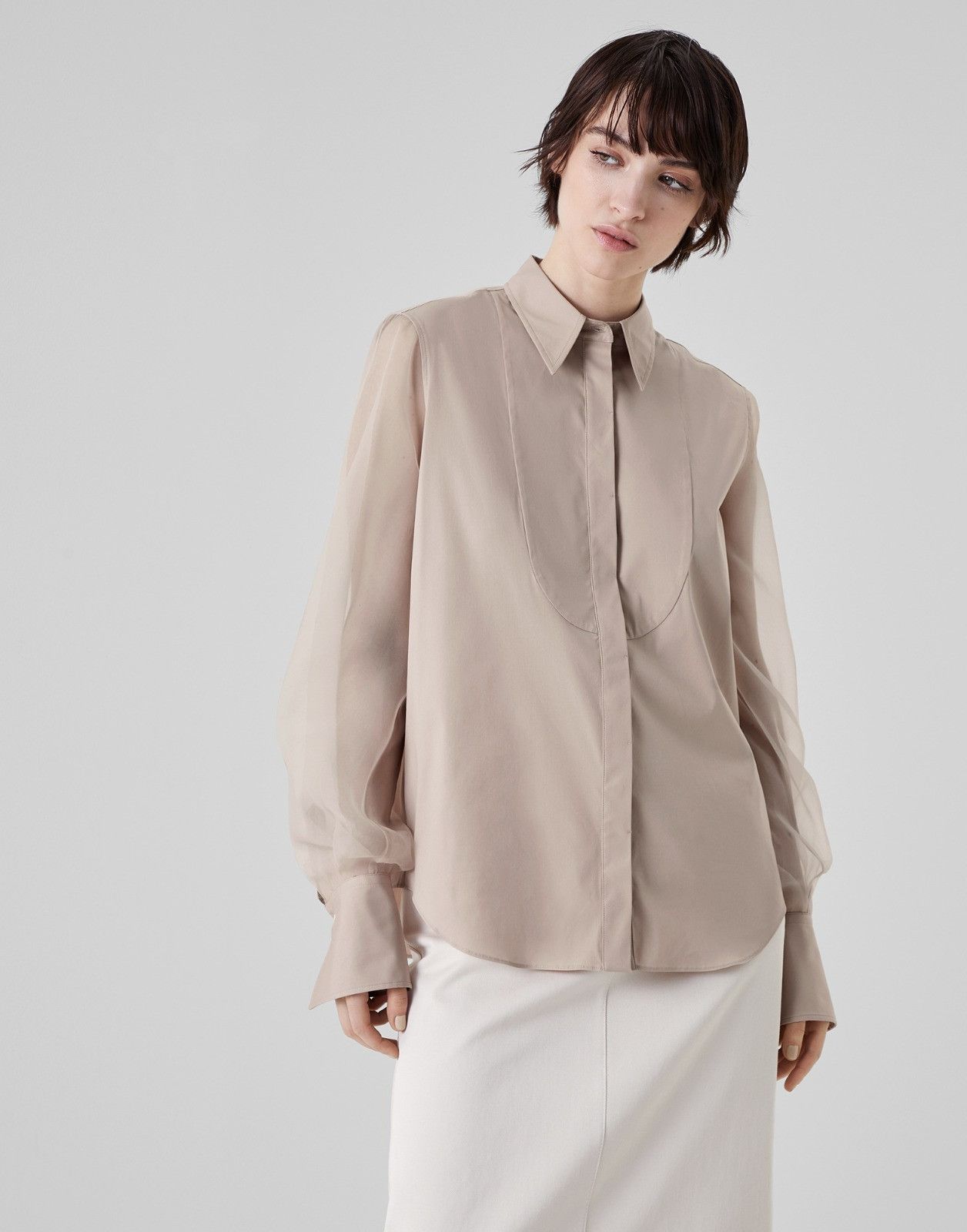 Brunello Cucinelli o1la1rc1a0225 Shirt With Organza Sleeves in Beige Size M / US 6-8 / IT 42-44 - 1 Thumbnail