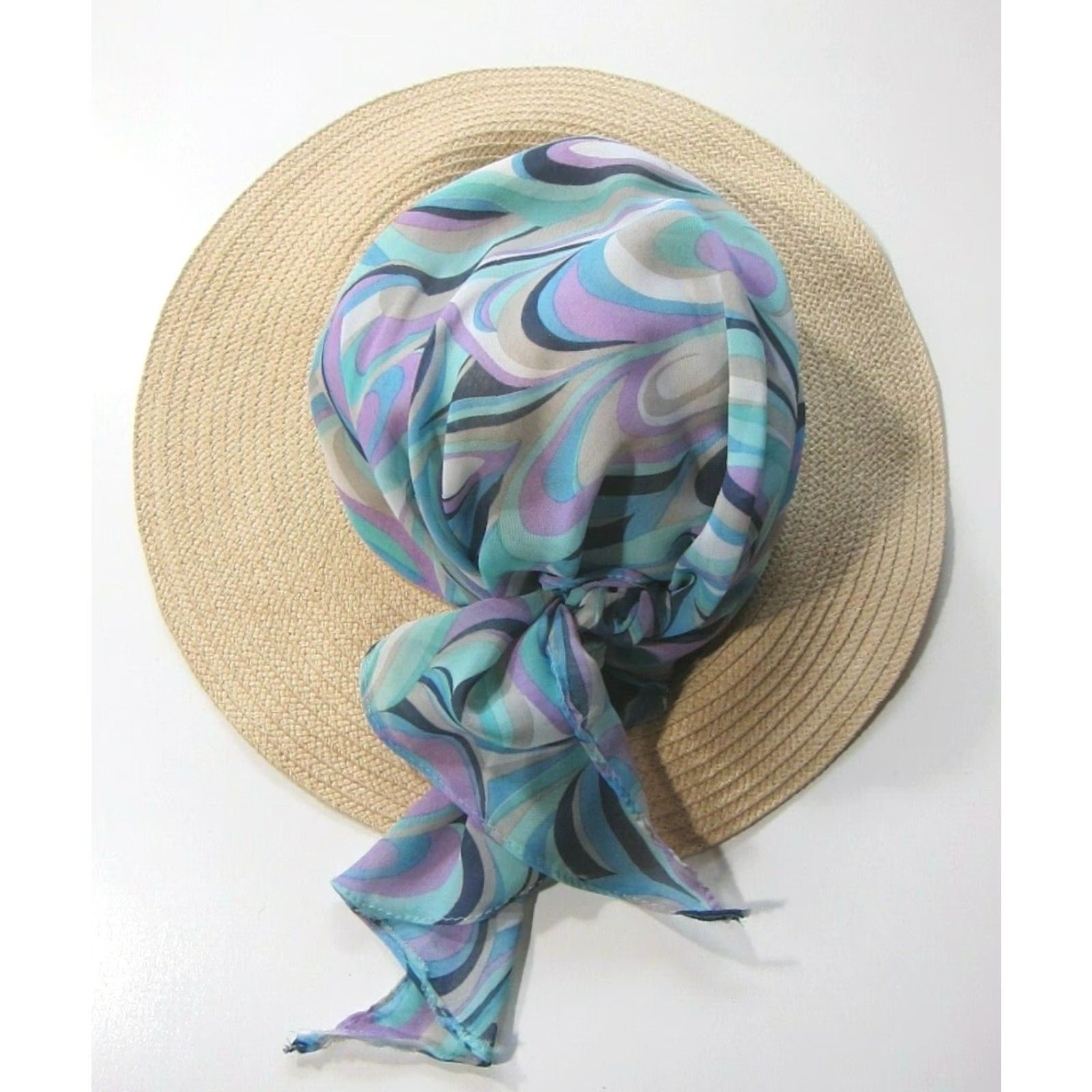 Vintage Sun N Sand Packable Wide Brim Tan Paper Weave Scarf Covered Beach Sun Hat Womens Adult M Brown Size ONE SIZE - 3 Thumbnail