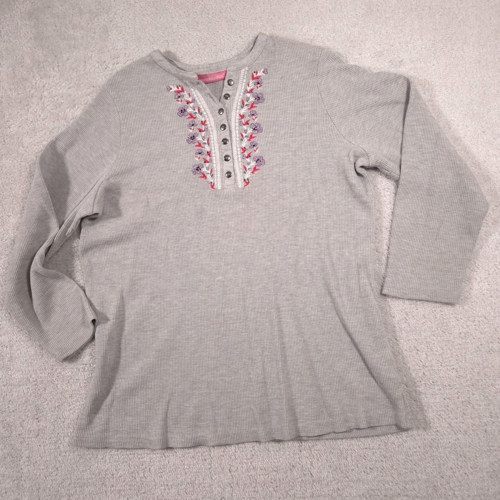 Vintage Woman Within Shirt Womens Large Gray Embroidered Henley Long Sleeve Thermal Top Size L / US 10 / IT 46 - 2 Thumbnail