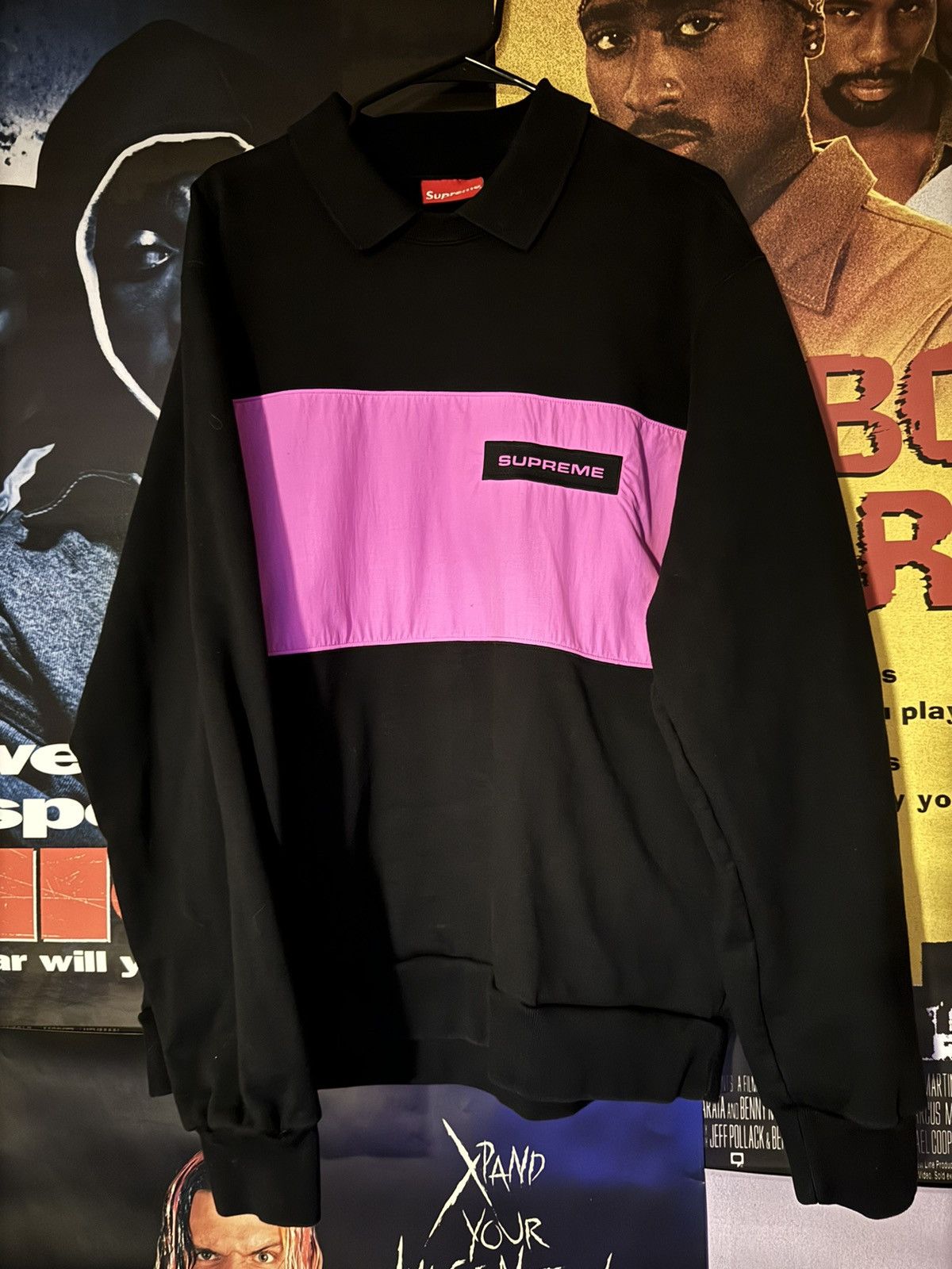 image of Supreme Collared Crewneck Sweatshirt | Size XL in Black/Pink, Men's