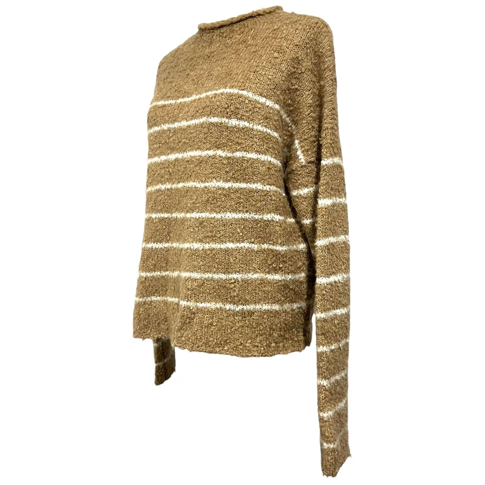 J.Crew J.Crew Women’s Sweater Boucle Rollneck Tan White Striped Pullover Soft Sz L Size L / US 10 / IT 46 - 2 Thumbnail