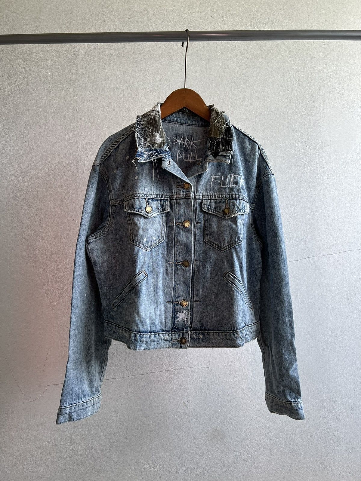 Handmade Patchwork Vintage “FUCK” Denim Jacket by Darkpull Size US S / EU 44-46 / 1 - 2 Thumbnail