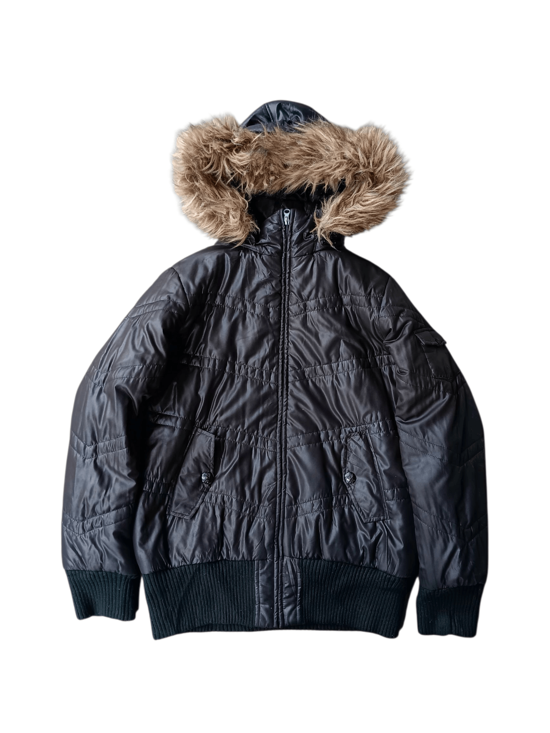 00s PPFM Fur Hood Black Glossy Down Fill Puffer Jacket
