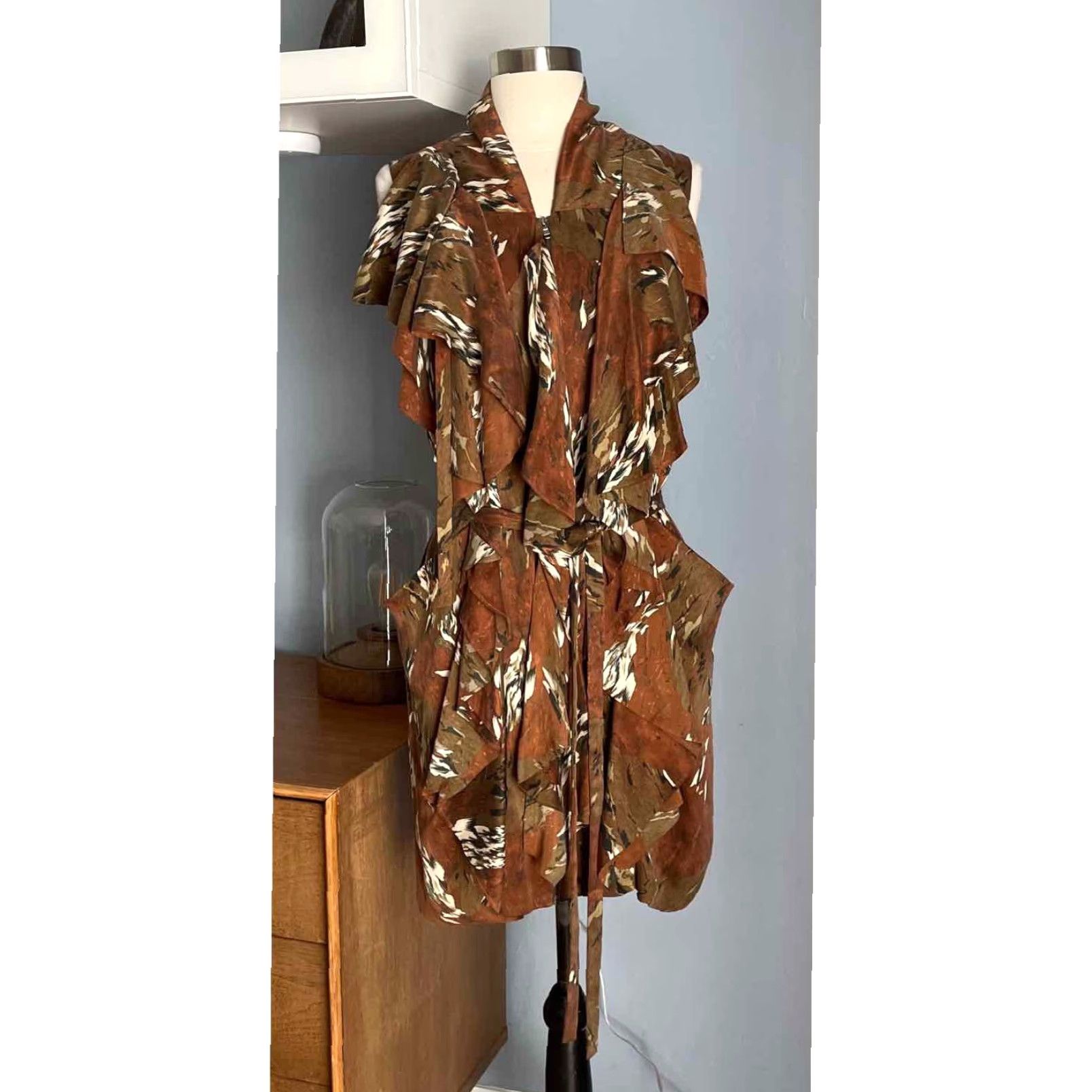 Vintage EDUN Silk Marbled Brown Green Ruffle Overlay Dress Size S Button Front Sleeveless Zip Party/Cocktail Womens Size S / US 4 / IT 40 - 5 Thumbnail