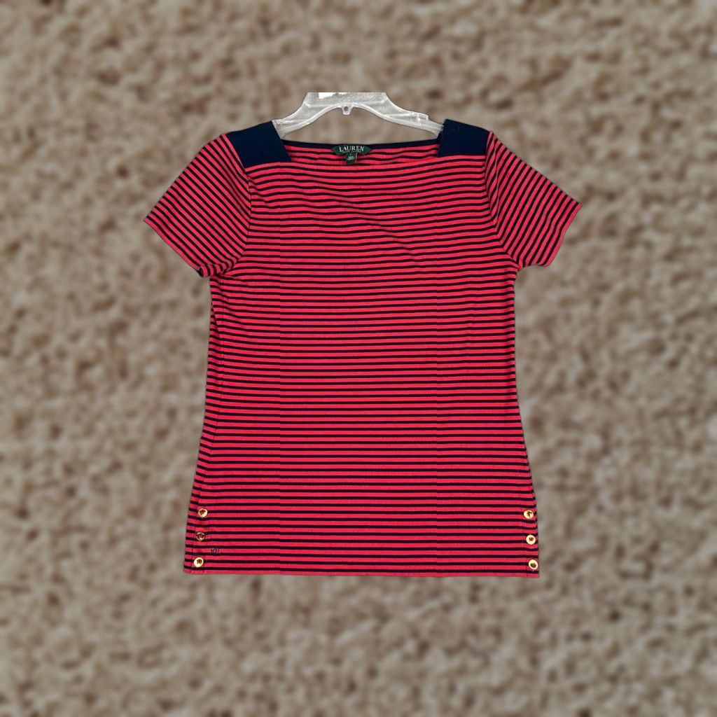 Ralph Lauren Lauren Ralph Lauren Shirt Women Large Pink Stripe Short Sleeve Square Neck Size L / US 10 / IT 46 - 1 Thumbnail