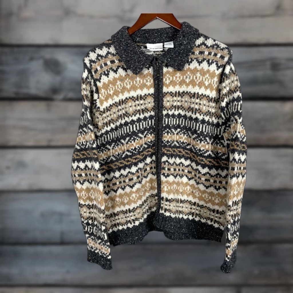 Croft & Barrow VINTAGE Croft & Barrow Full Zip Cardigan Sweater Women's L Gold Fair Isle Heavyweight Wool Blend Geometric Knit 1980s 90s Mens? No gender end: Women Size L / US 10 / IT 46 - 1 Thumbnail