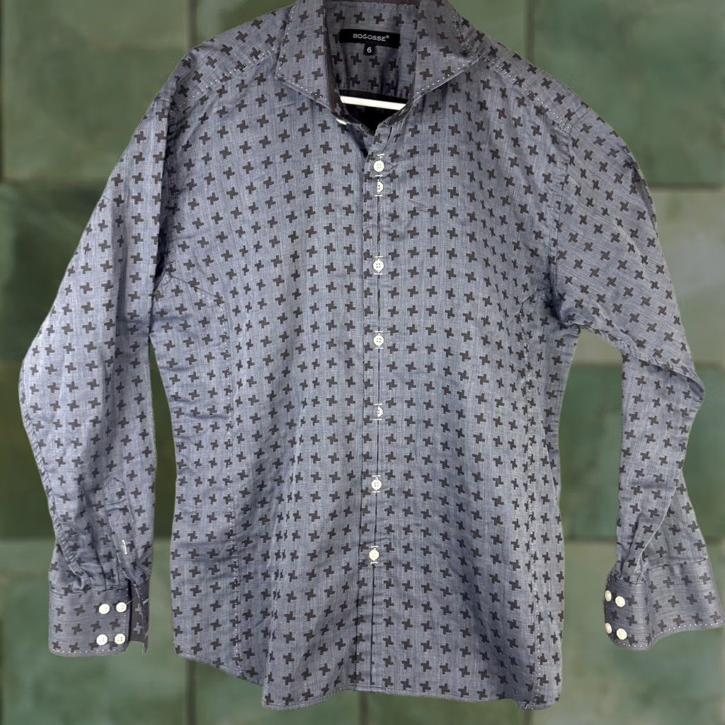 Vintage Bogosse Shirt Mens XL Blue Geometric Long Sleeve Button Front Dress Woven Size 46R - 1 Thumbnail