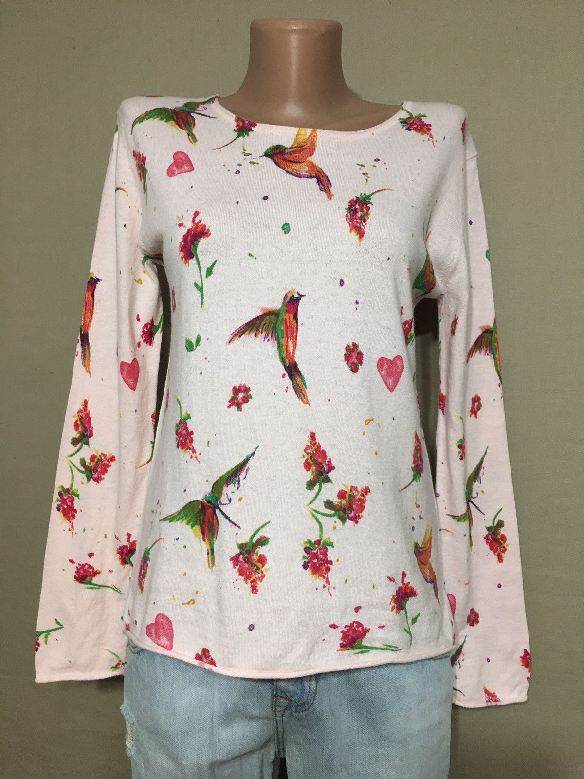 Designer ESTHEME Cashmere Pink Birds Print Sweater Size S Size S / US 4 / IT 40 - 1 Thumbnail
