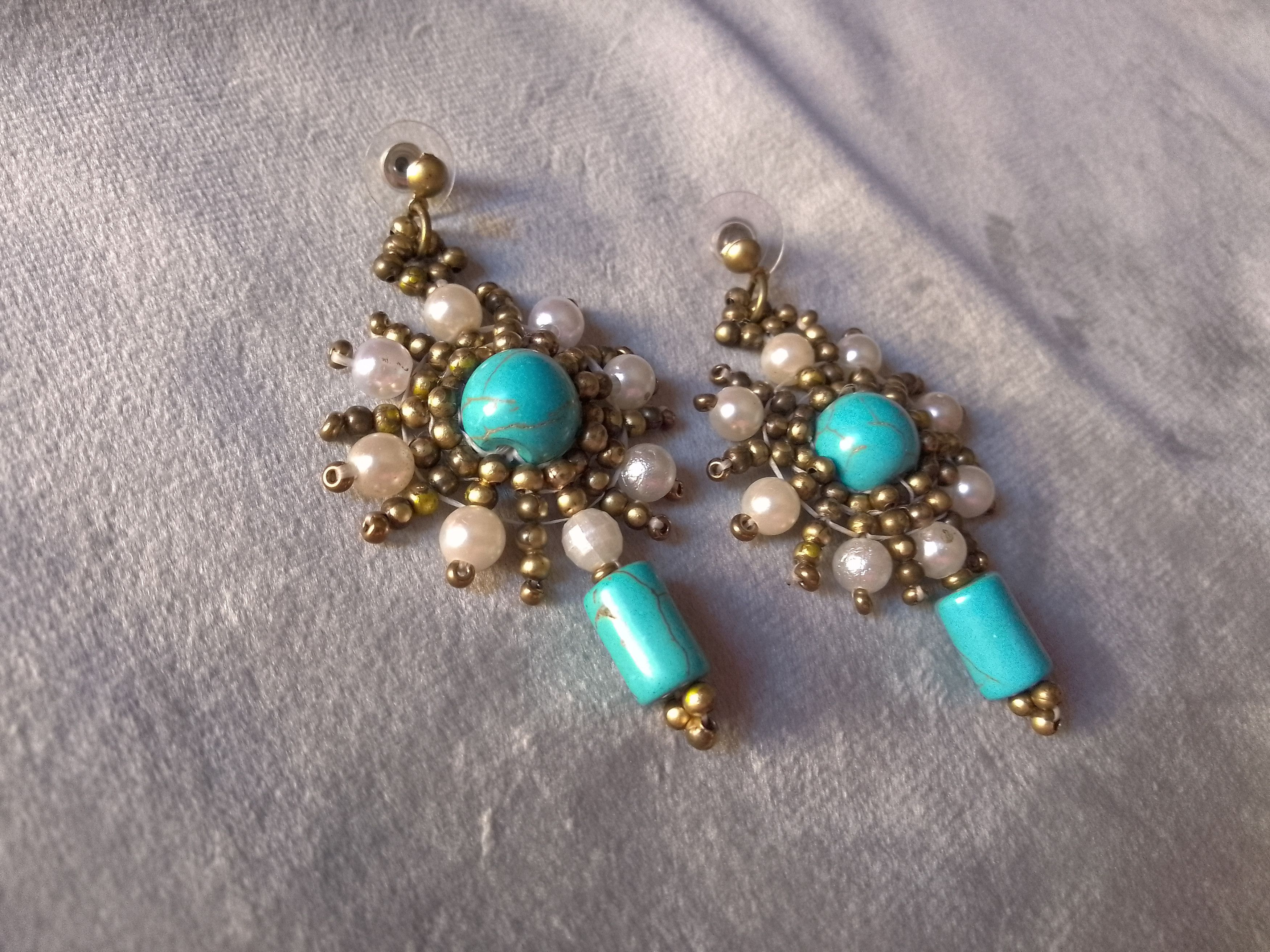 Handmade Earrings Precious Turquoise Howlite gemstones. pearls, brass Size ONE SIZE - 7 Thumbnail