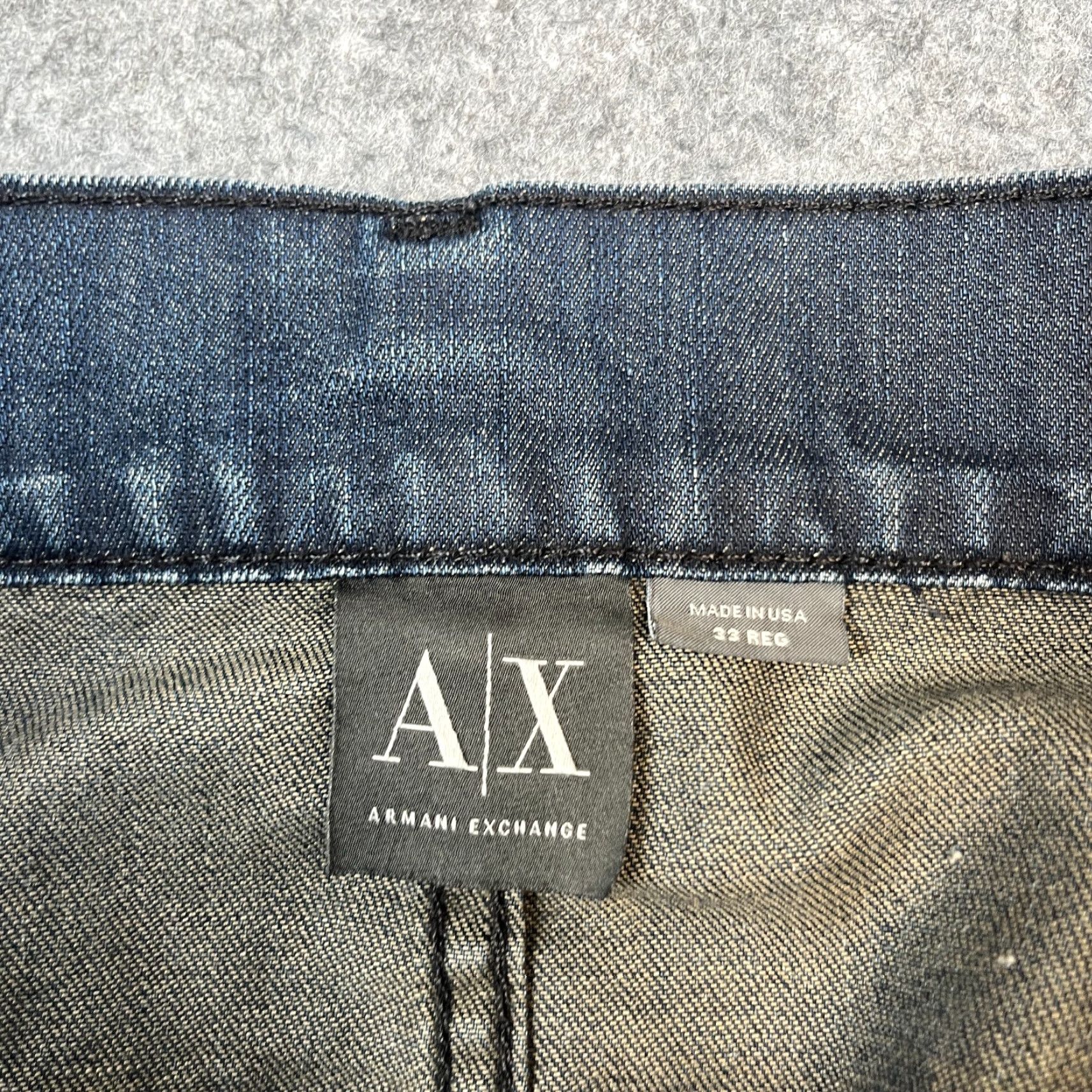 Armani Exchange Armani Exchange Mens Jeans Regular Tapered 33 34 Dark Wash Blue Whiskers Denim 5-Pocket Design Machine Washable Jeans Store Vintage No N/A Size US 33 - 7 Thumbnail