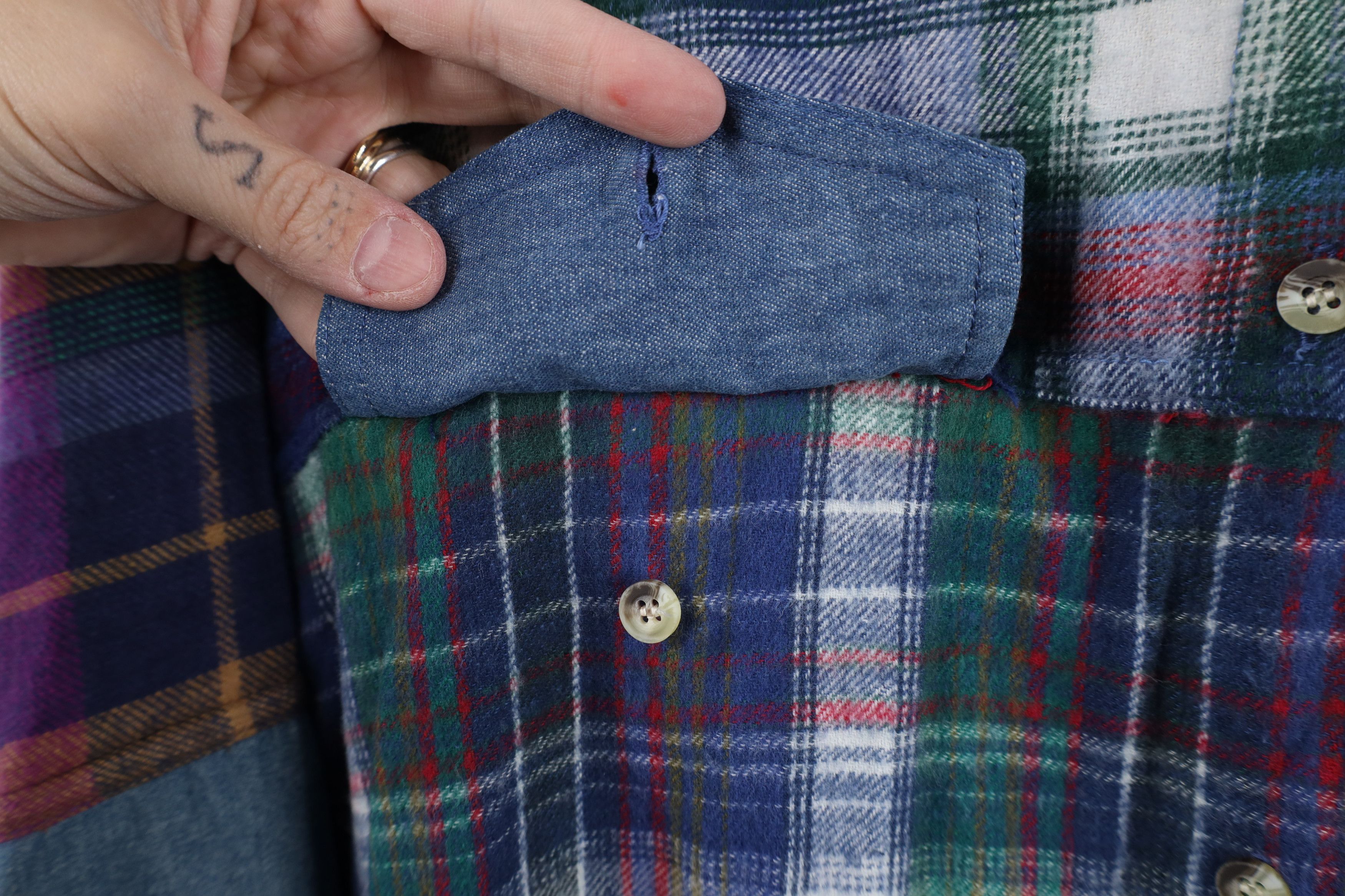 Vintage Vintage 90s Streetwear Denim Trim Flannel Button Shirt Plaid Size L / US 10 / IT 46 - 4 Thumbnail