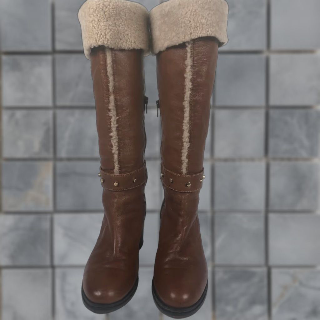 Vintage VINTAGE Napoleoni Boots Women Brown Knee High 9 US / 40 EU Leather Block Heel 3.5” Fur Trim Zipper Winter 70s Bohemian Size US 9 / IT 39 - 1 Thumbnail