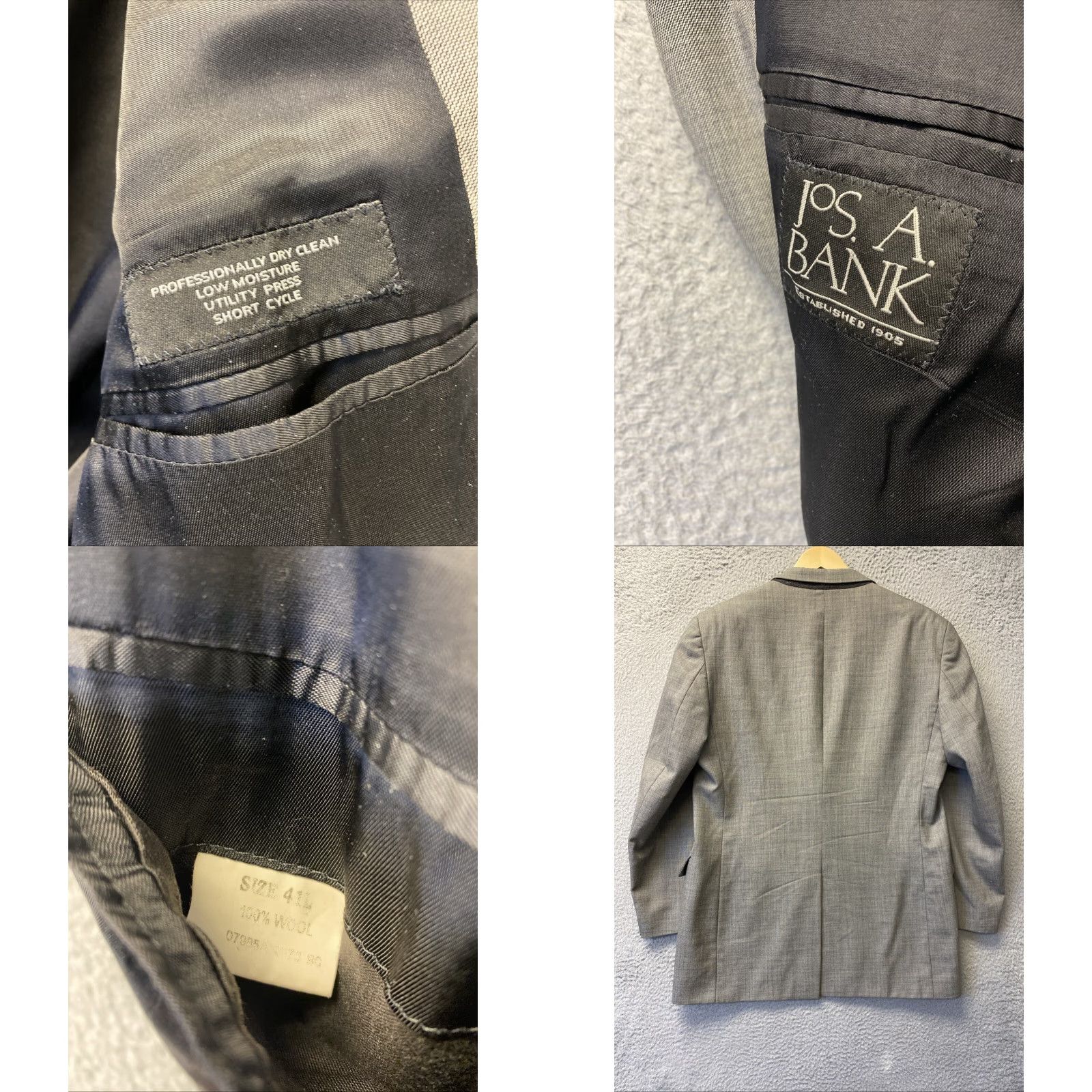 Vintage Jos A Bank Gray Blazer Men 41 L Wool Pincord Tuxedo Style Single-Breasted 2-Button Notch Lining Polyester Dry Clean Only Vintage No All Occasion Mens Size 42R - 8 Thumbnail