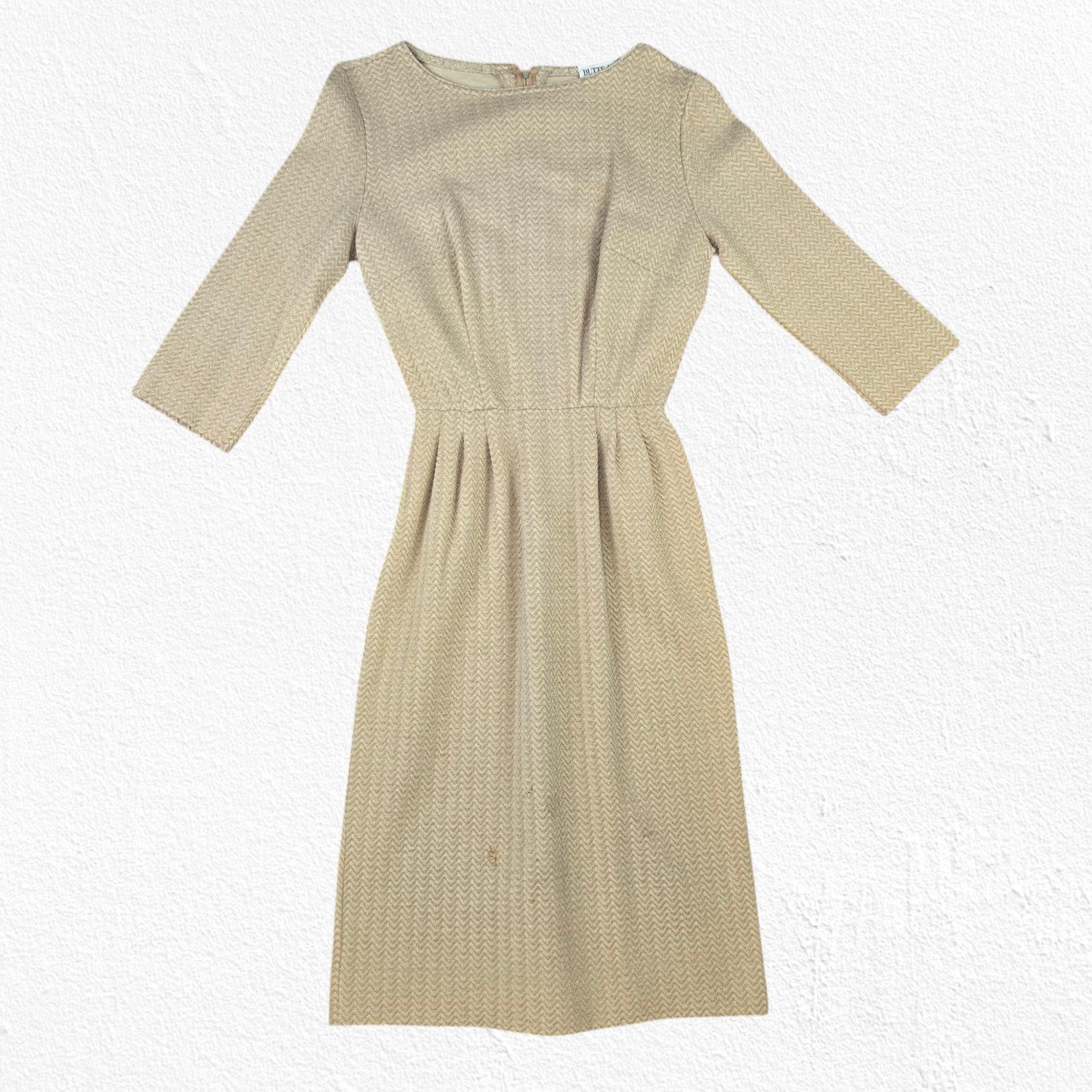 50s Gold Glitter 3/4 Sleeve Mod Wool Knit Midi Dress Size 2