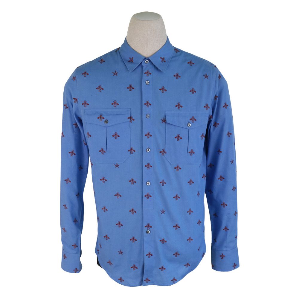 Gucci Gucci Blue Cotton Shirt with Chest Pockets and Red Bee Size US M / EU 48-50 / 2 - 1 Thumbnail