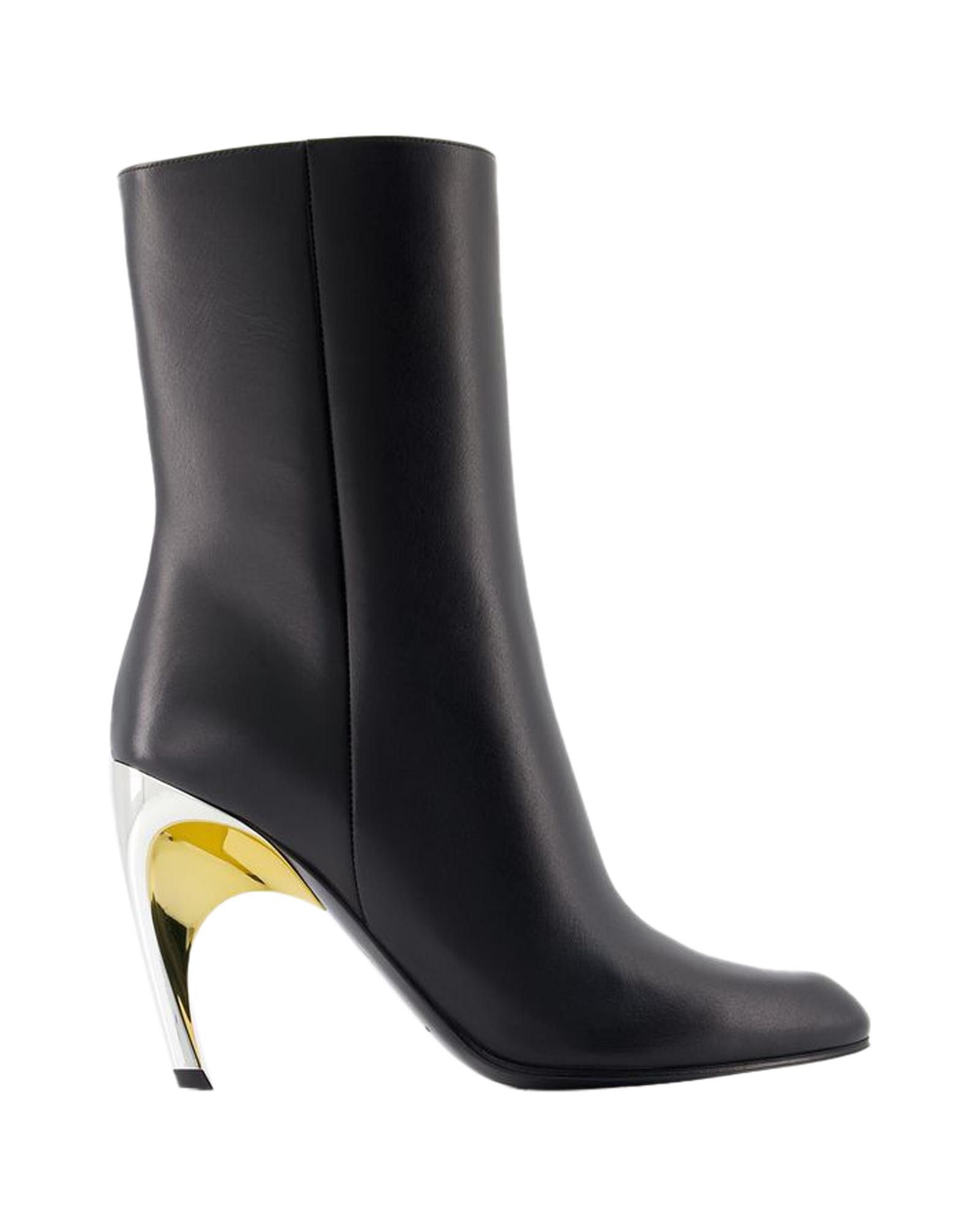 image of Alexander Mcqueen Black Calfskin Ankle Boots With Ankle Strap Buckle, Women's (Size 11)