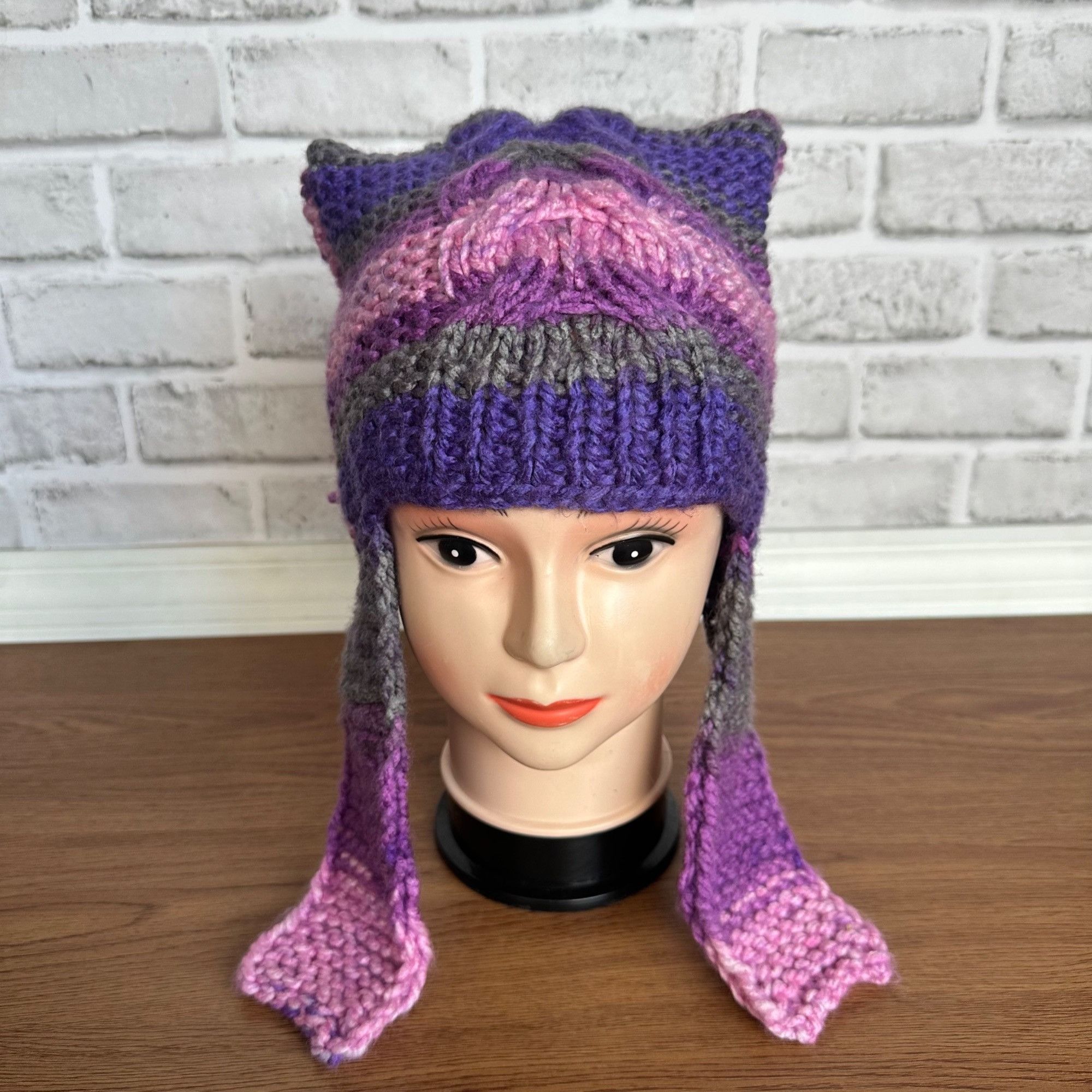 Other Silky Hand-Knit Purple Cat Ear Earflap Beanie Hat | Cozy Win Size ONE SIZE - 2 Thumbnail