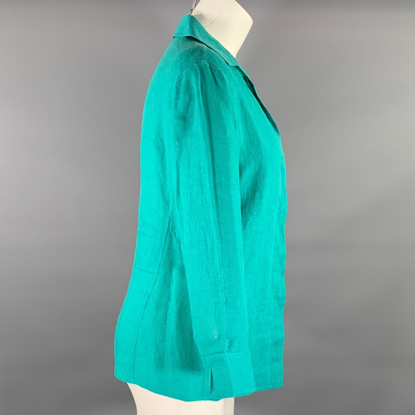 Giorgio Armani GIORGIO ARMANI Size 8 Teal Linen 3/4 Sleeves Shirt Size M / US 6-8 / IT 42-44 - 2 Thumbnail