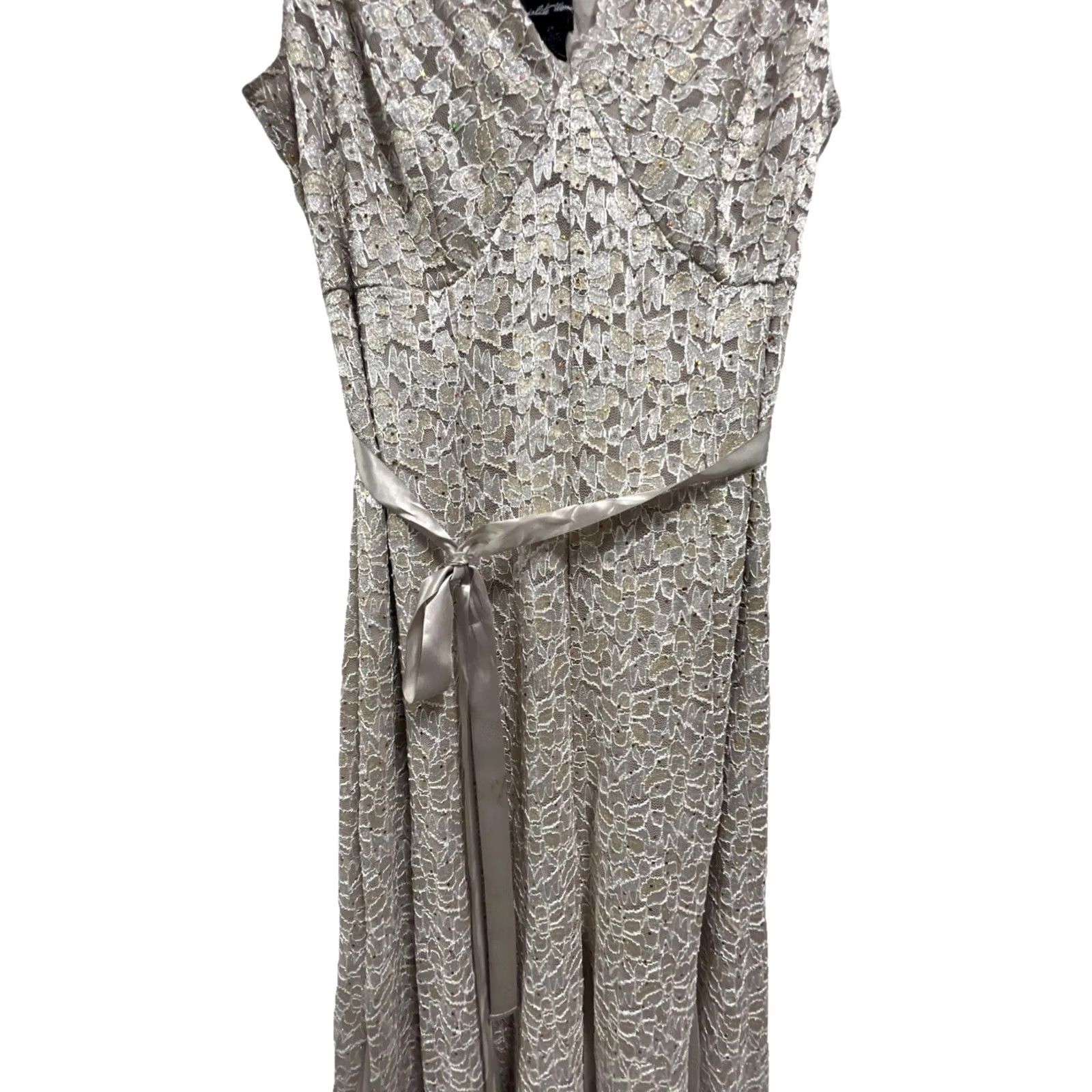 Vintage VINTAGE Candalite Womens Midi Gown Dress Sleeveless Sequin Lace V-Neck Taupe Champagne 2X Size M / US 6-8 / IT 42-44 - 4 Thumbnail