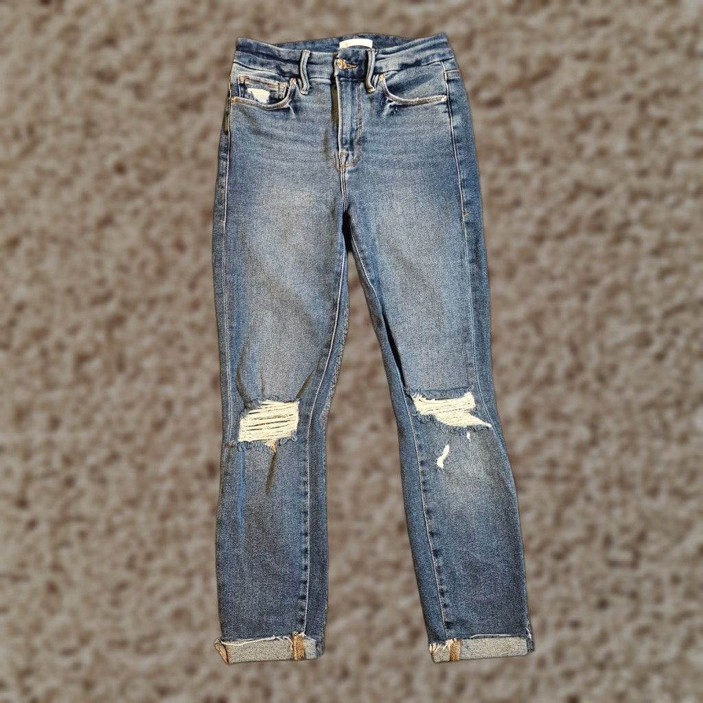 Good American Good American Jeans Women 25 Blue Mid Ankle Crop Stretch Distressed Casual Hem 5-Pocket Denim Cotton Spandex Womens Jeans Size 42" / US 20 - 1 Thumbnail