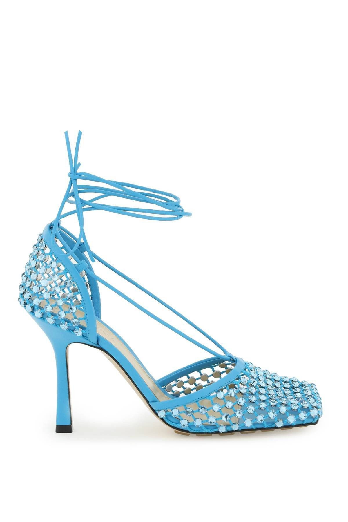 image of Bottega Veneta Stretch Sandals In Mesh With Crystals Size Eu 38 For Women in Light Blue