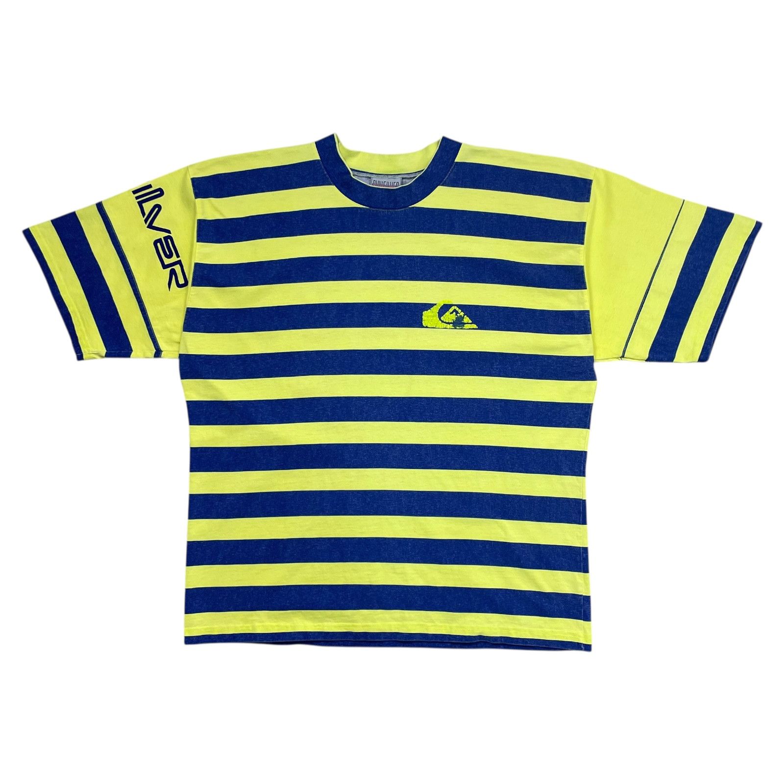 VTG 90s QUICKSILVER STRIPED LOGO SURF SKATE T-SHIRT NEON
