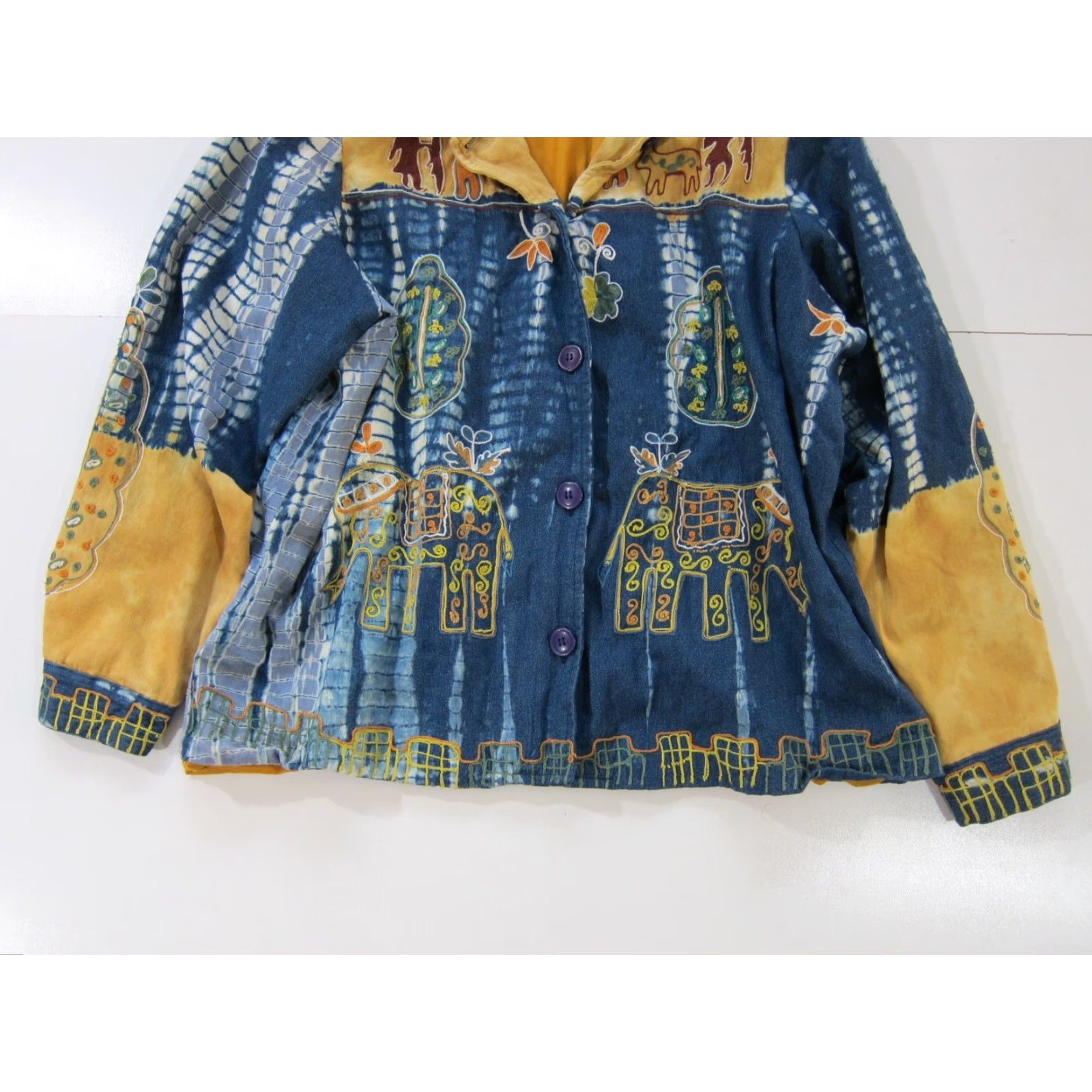 ESPIRIT Sandy Starkman Spirit Cotton Blue Brown Tie Dye Embroidered Hippy Boho Jacket 2X Shirt 1990s Mens Size XXL / US 16-18 / IT 52-54 - 6 Thumbnail
