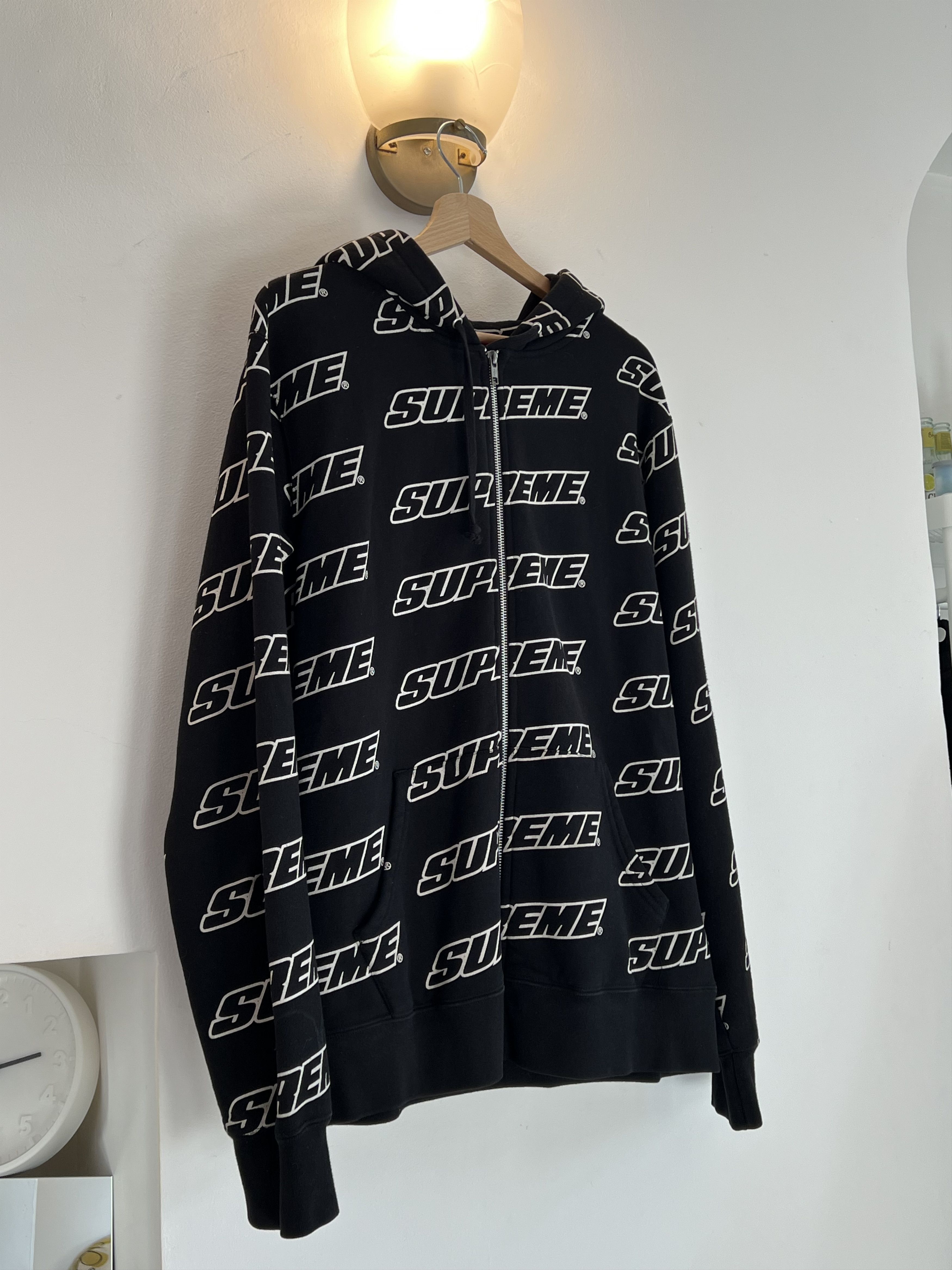 image of Ss18 Supreme Repeat Zip Up Hooded Sweatshirt Black, Men's (Size Medium)