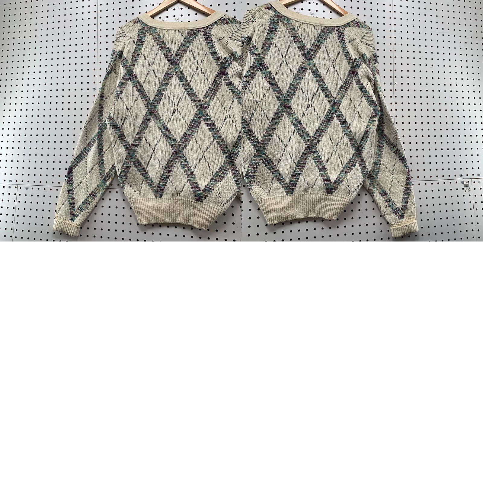 Vintage VINTAGE Escadrille Knit Cardigan Sweater Mens M Beige Argyle 90s USA 23X27 Size US M / EU 48-50 / 2 - 10 Thumbnail
