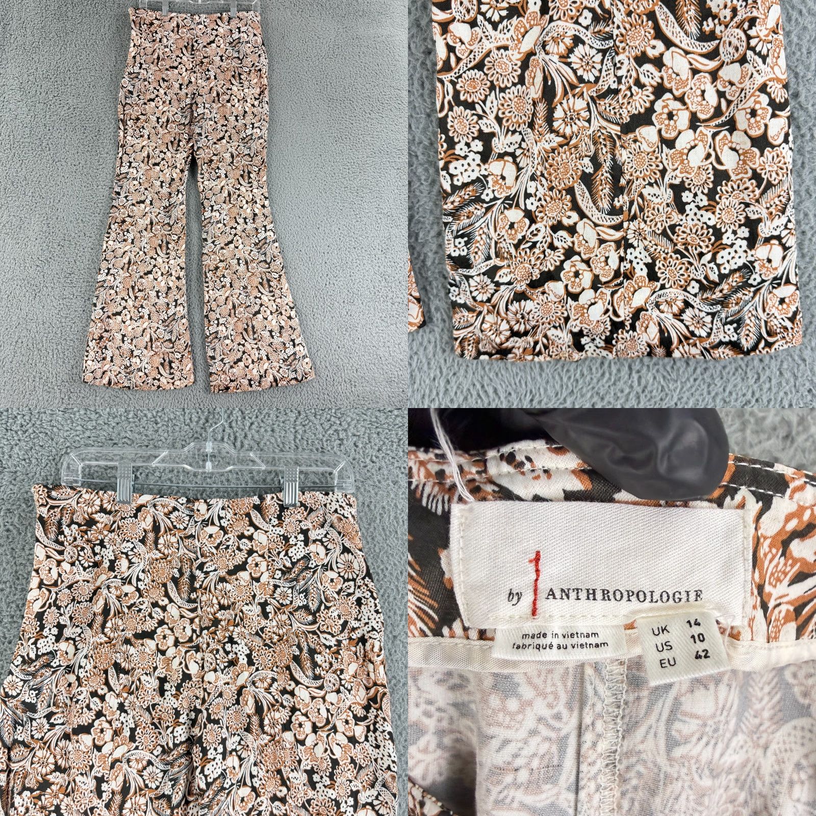 Anthropologie VINTAGE Anthropologie Satin Flare Pant Brown Floral High-Rise Side Zip Boho Hippie Size 32" / US 10 / IT 46 - 8 Thumbnail