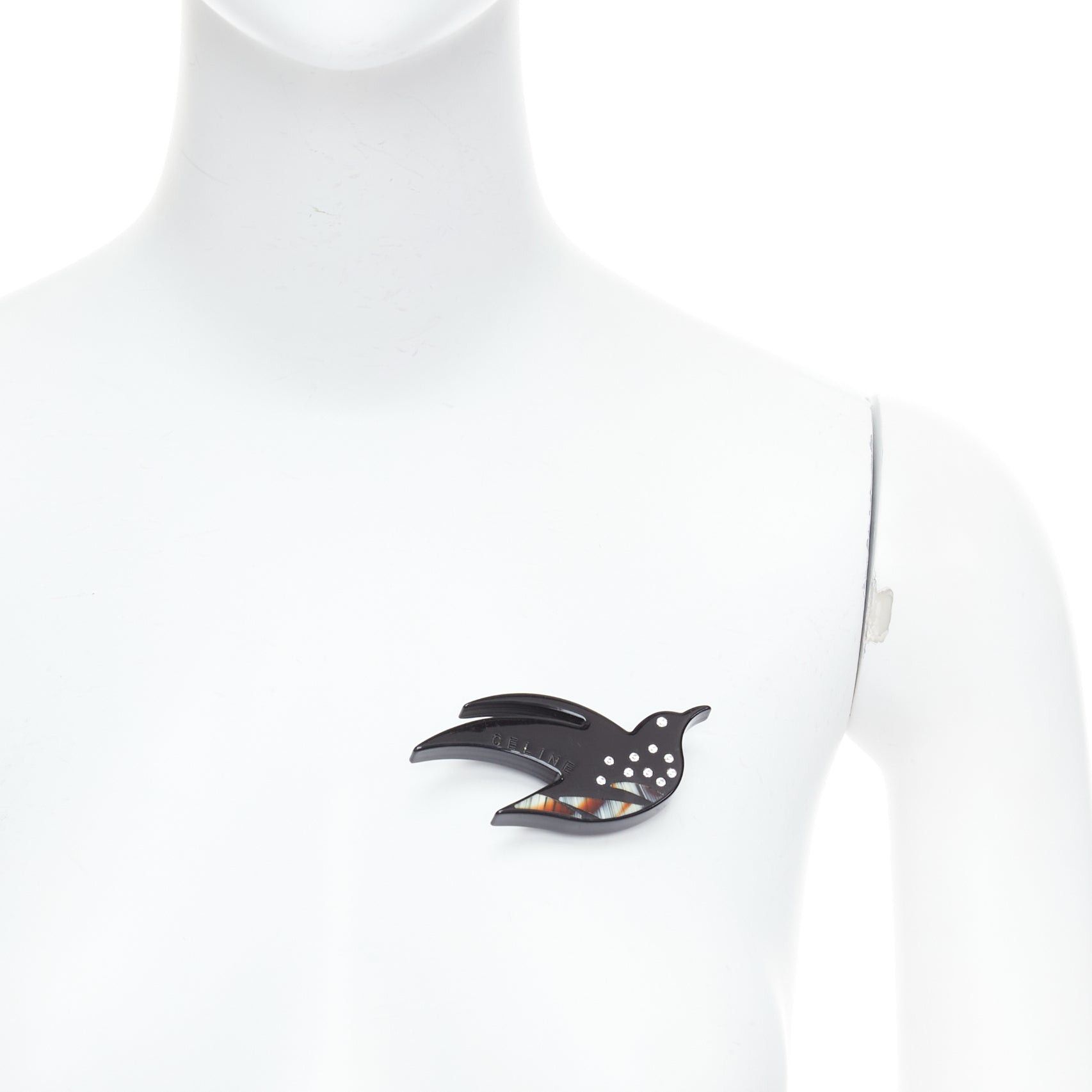 Celine CELINE Vintage black acrylic clear crystal bird large pin brooch Size ONE SIZE - 1 Thumbnail