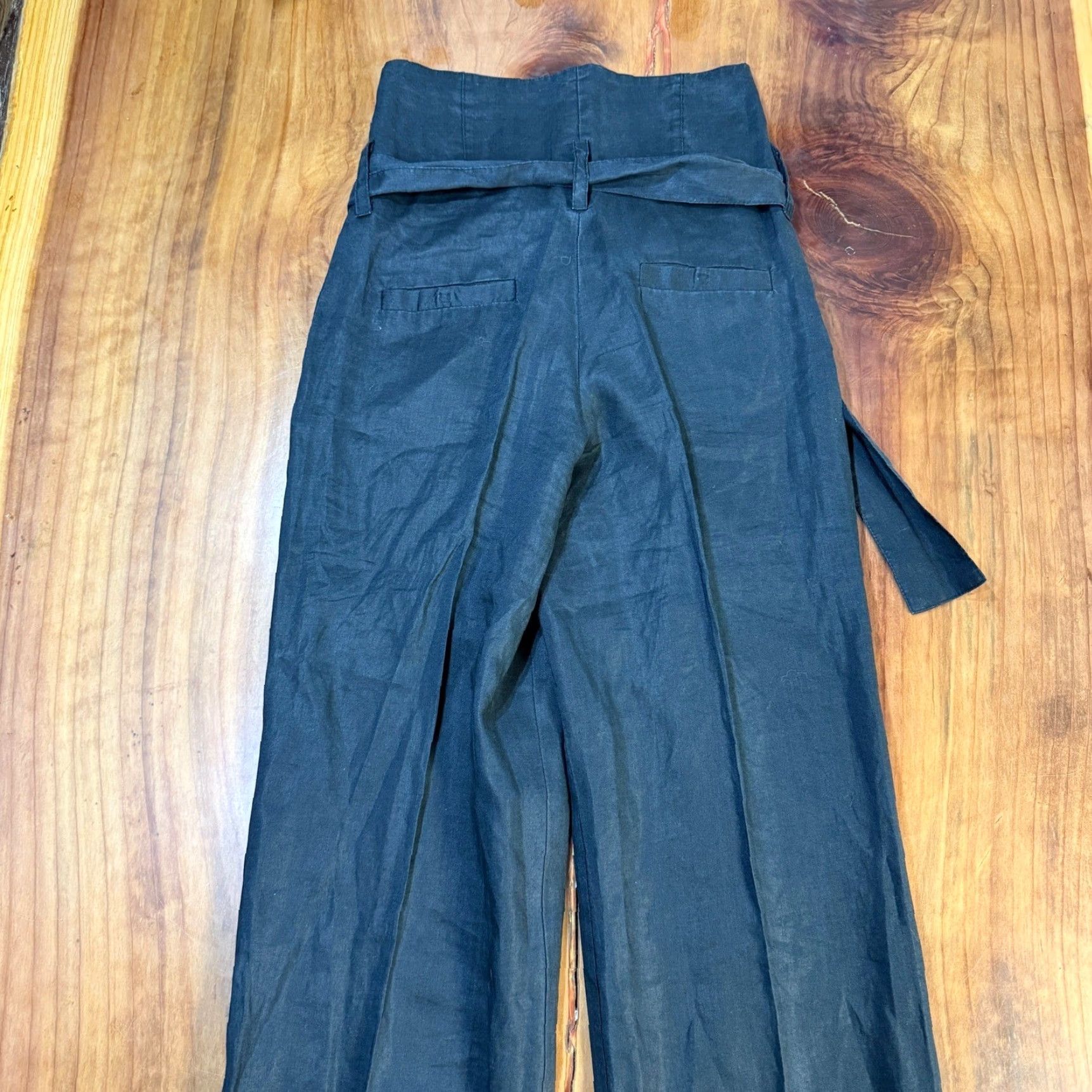 Vintage Saga Women's Pants 29 x 29 High Rise Linen Pleated Tie Paperbag Wide-Leg Bohemian Black Casual Size 29" - 6 Thumbnail