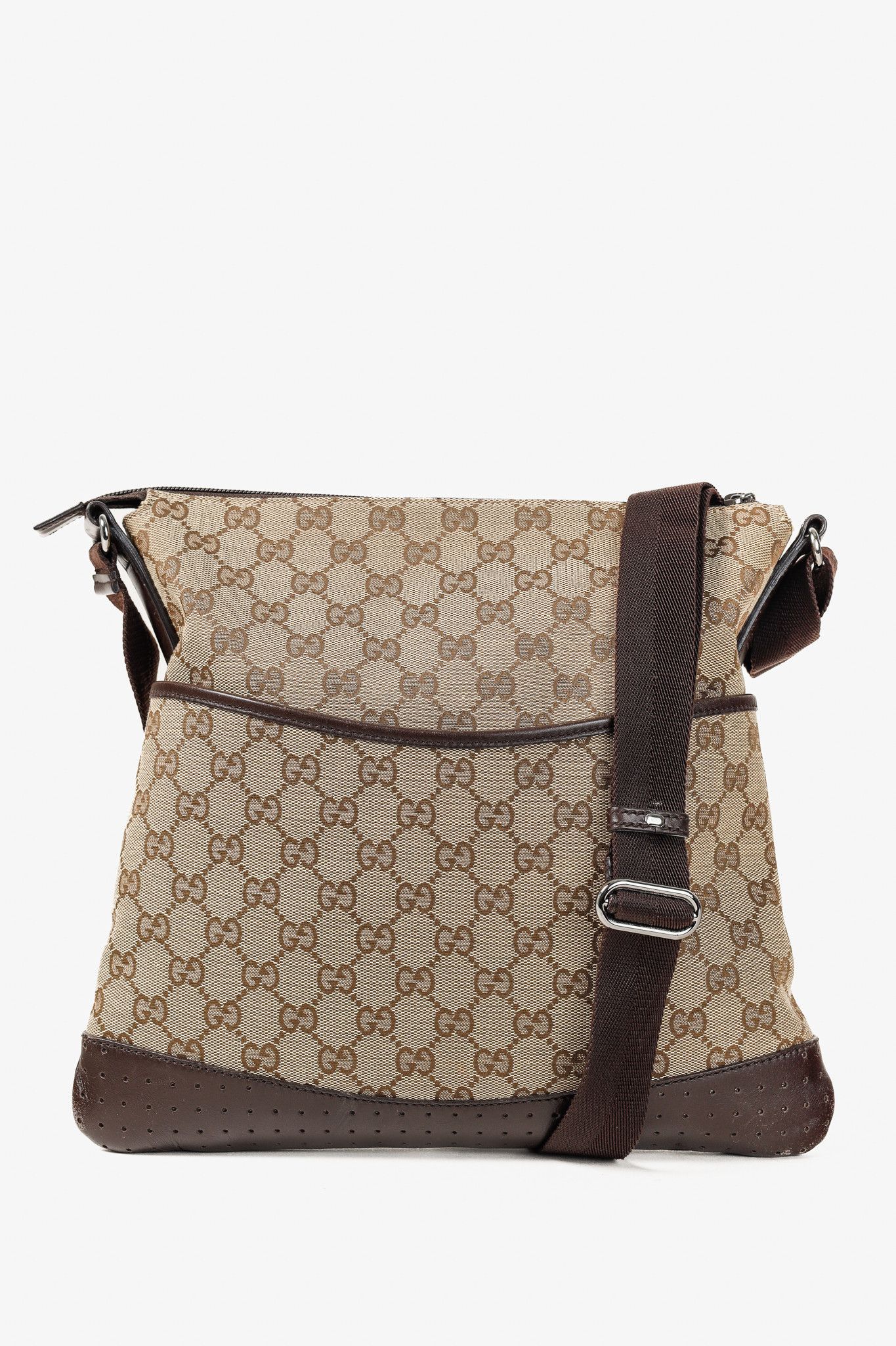 Gucci GG Monogram Canvas Brown Leather Trim Messenger Bag, Women's