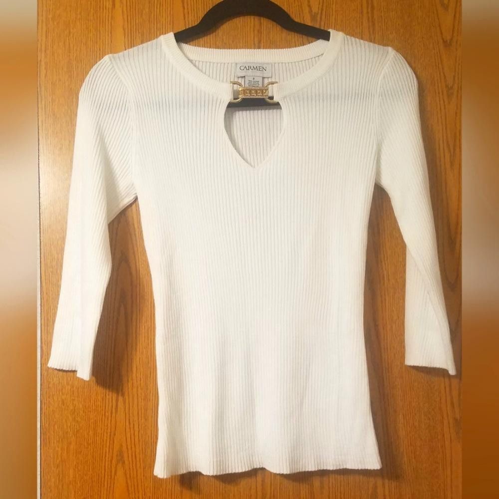 Designer Carmen Marc Valvo White Ribbed Women's Top Size Small Size S / US 4 / IT 40 - 1 Thumbnail
