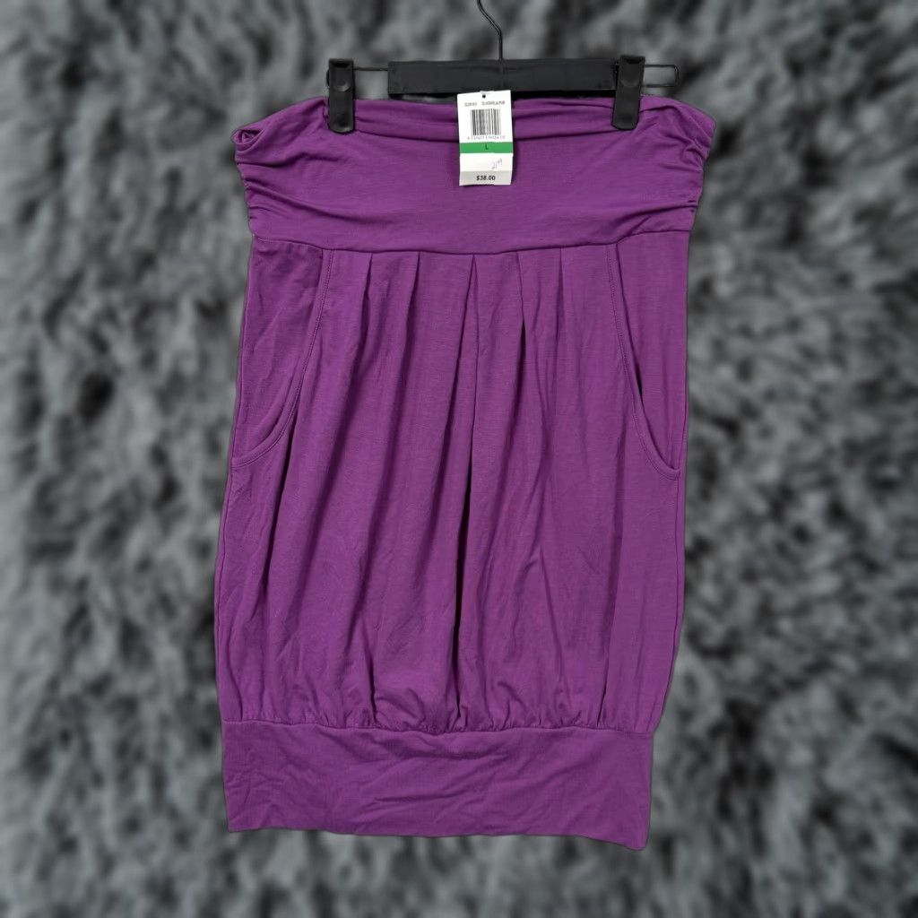 Vintage Y2K Bubble Skirt Belle Du Jour Juniors L Purple Fold-over Pockets Elastic Waist Pockets Knee Length Pleated Jersey Knit Size 36" / US 14 / IT 50 - 1 Thumbnail