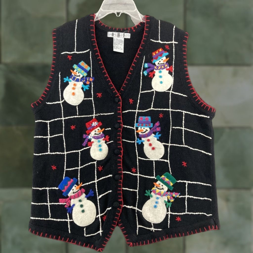 Vintage OHI Black Christmas Snowmen Sweater Vest Womens L Knitted Ugly Holiday Christmas Pattern Embroidered Cap Sleeve Size L / US 10 / IT 46 - 1 Thumbnail