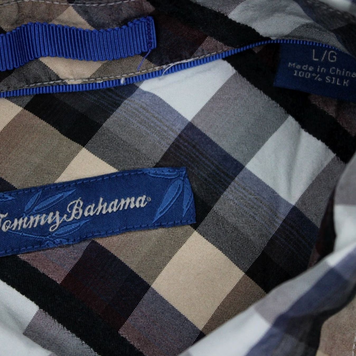 Tommy Bahama Tommy Bahama Silk Shirt Button-Up Plaid Long Sleeve Blue Black Tan Mens Large Size US L / EU 52-54 / 3 - 6 Thumbnail