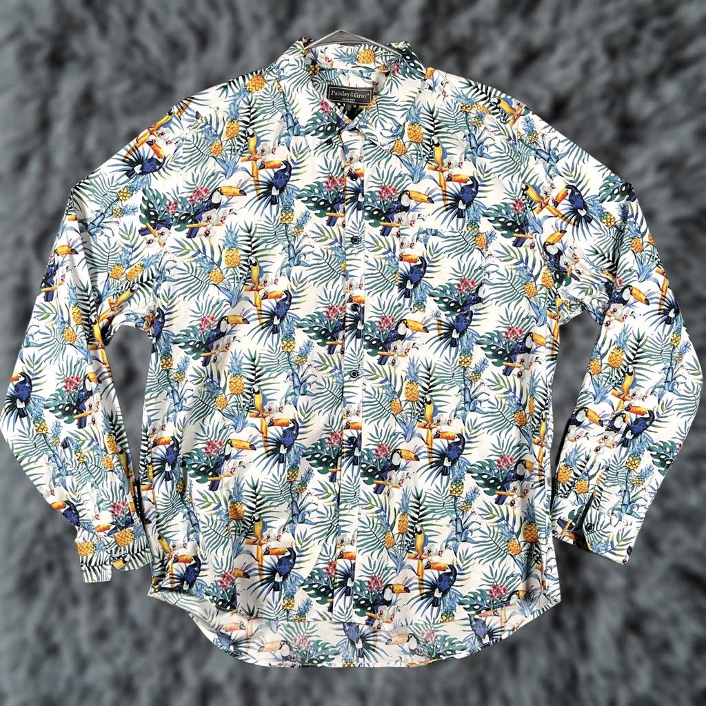 Vintage Paisley & Gray Shirt Mens 2XL Tropical Toucan Print Long Sleeve Button Up Casual Size US XXL / EU 58 / 5 - 1 Thumbnail