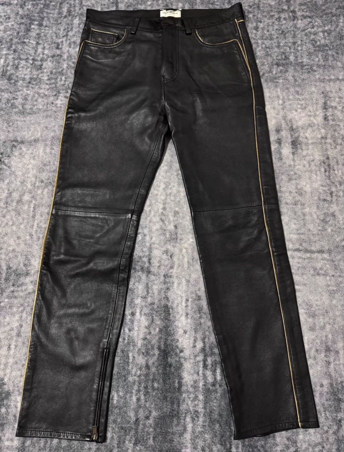 Saint Laurent Paris SLP 19FW Gold-Trim Zip Oiled Lambskin Basic Leather Pants Size US 34 / EU 50 - 1 Thumbnail