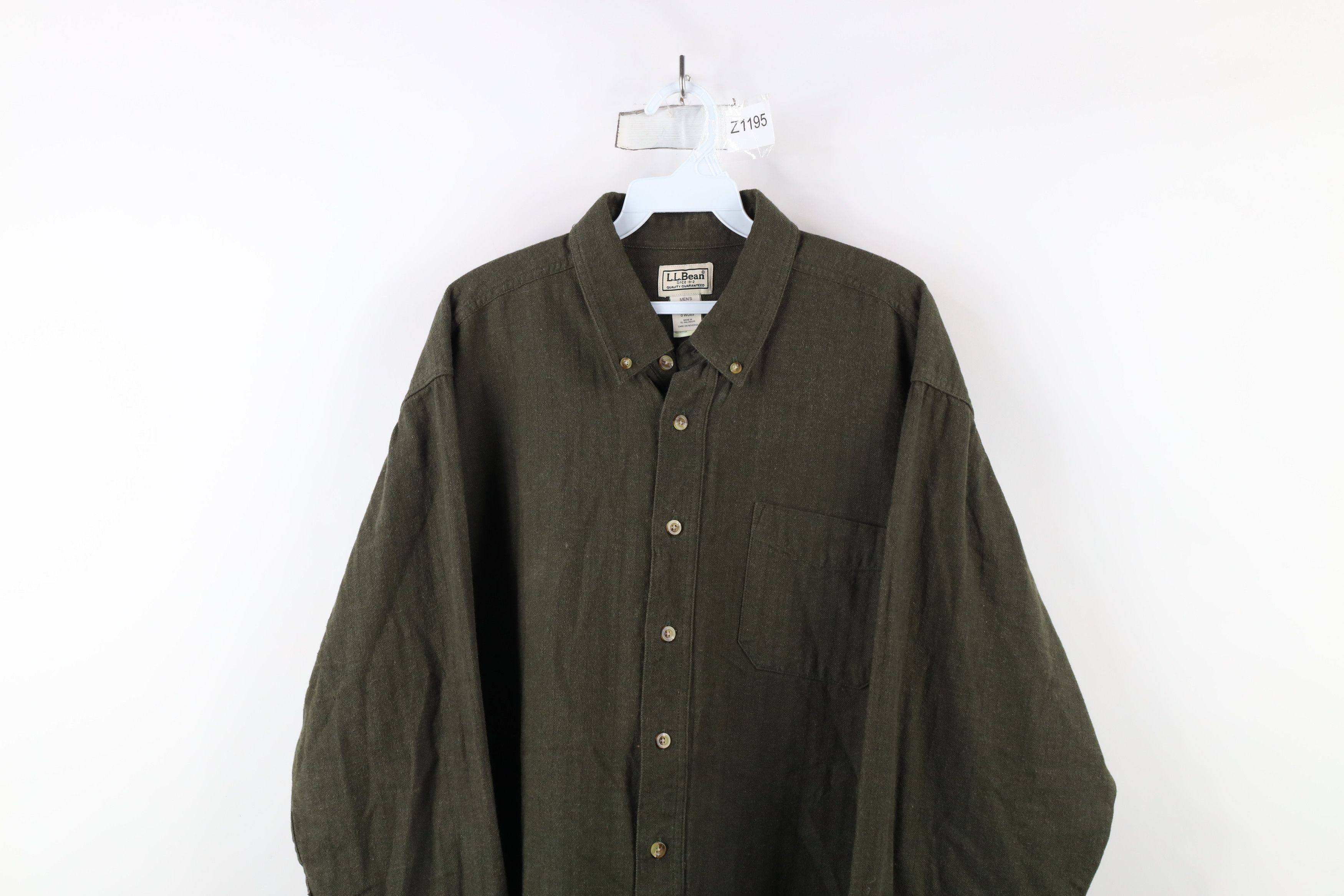 L.L. Bean × Vintage Vintage 90s LL Bean Herringbone Down Shirt Green Cotton Size US XL / EU 56 / 4 - 2 Thumbnail