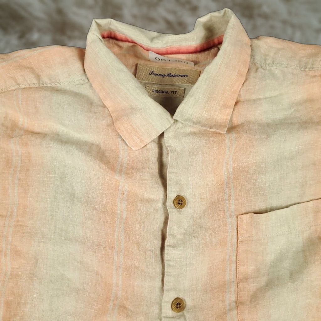 Tommy Bahama Tommy Bahama Shirt Men Large Beige Linen Hawaiian Button-Up Short Sleeve Shirt - Aloha Beach Island Style, 100% Linen, Casual Shirt, Regular Fit Size US L / EU 52-54 / 3 - 1 Thumbnail